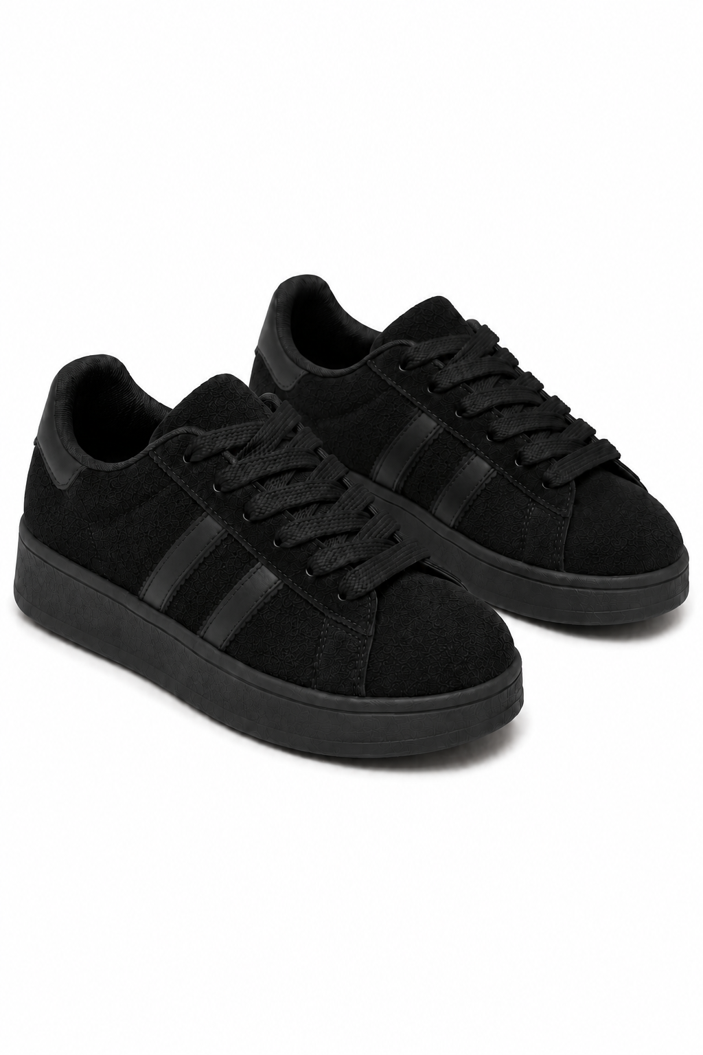 A pair of low-top black sneakers with black laces, black side stripes, and black soles, photographed on a clean white background.