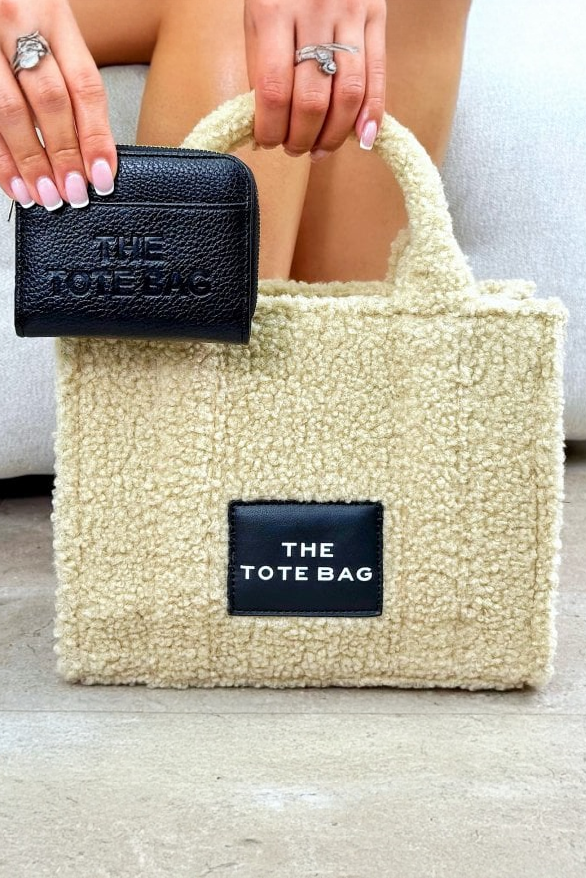 Classic Teddy Medium Tote Beige & Zip Up Tote Bag Purse Black Bundle, featuring a medium-sized silhouette.