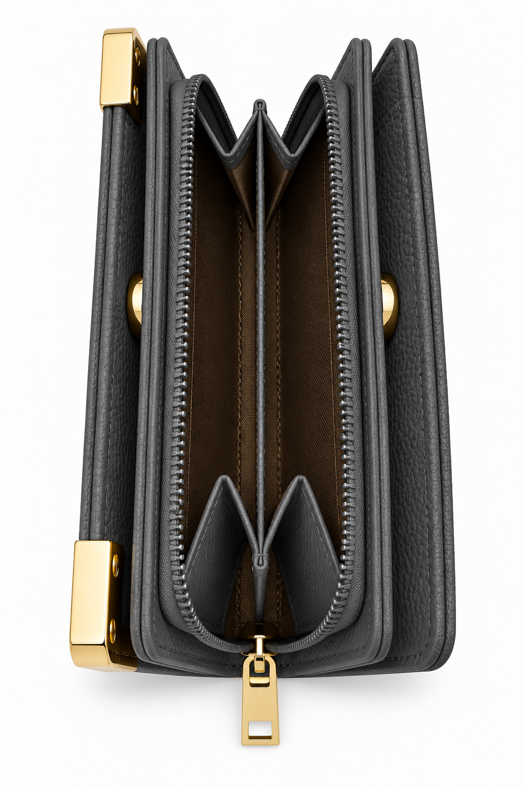 Charcoal grey textured tote purse shown form the side, featuring multiple accordion style compartments, a central zippered section with grey zip trim, and gold-tone zipper pull metal hardware.