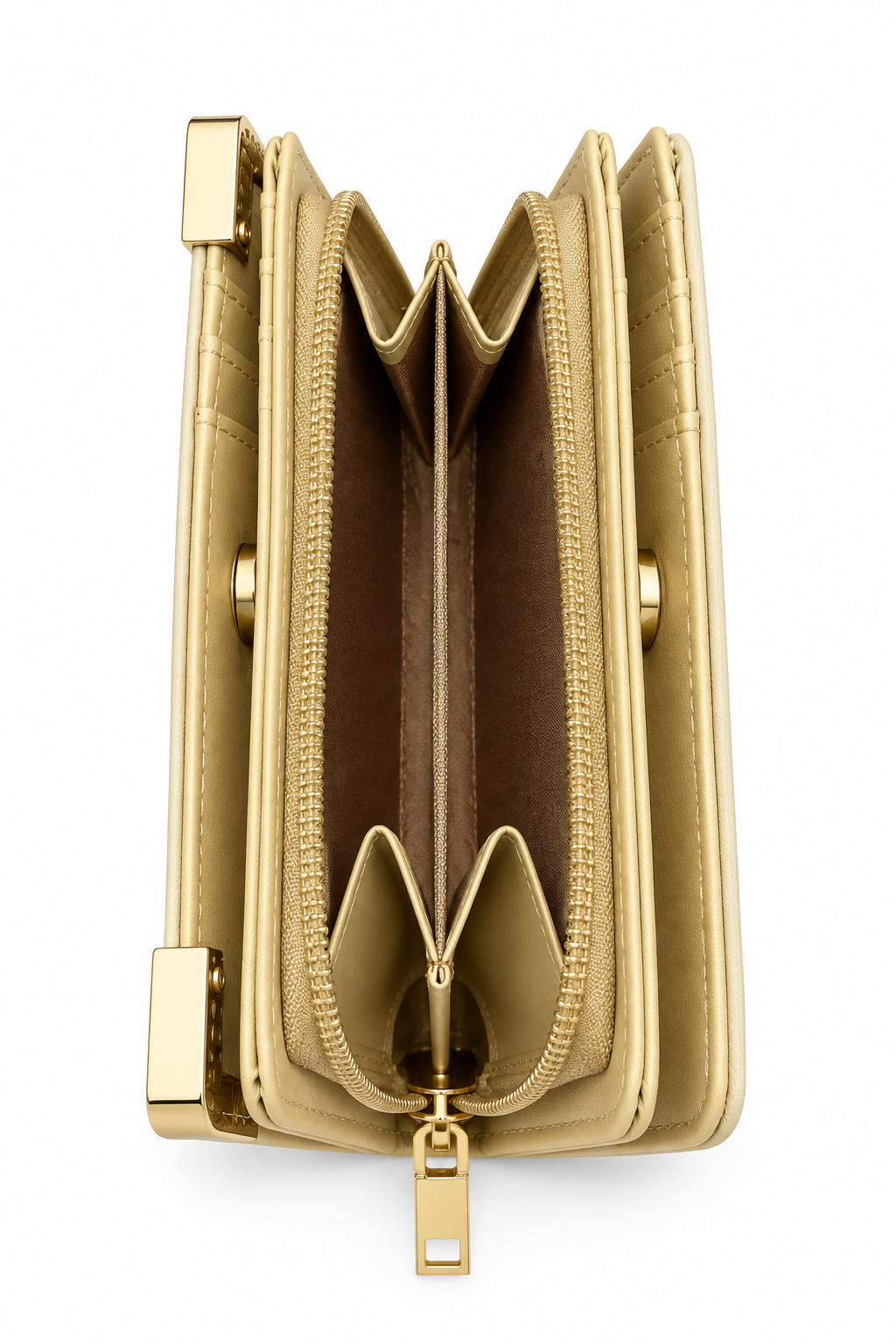 Side view of nude zip around purse showing a gold-tone zipper, matching beige interior compartments, accordion style gussets and central zipped coin compartment with a gold-tone zip pull.
