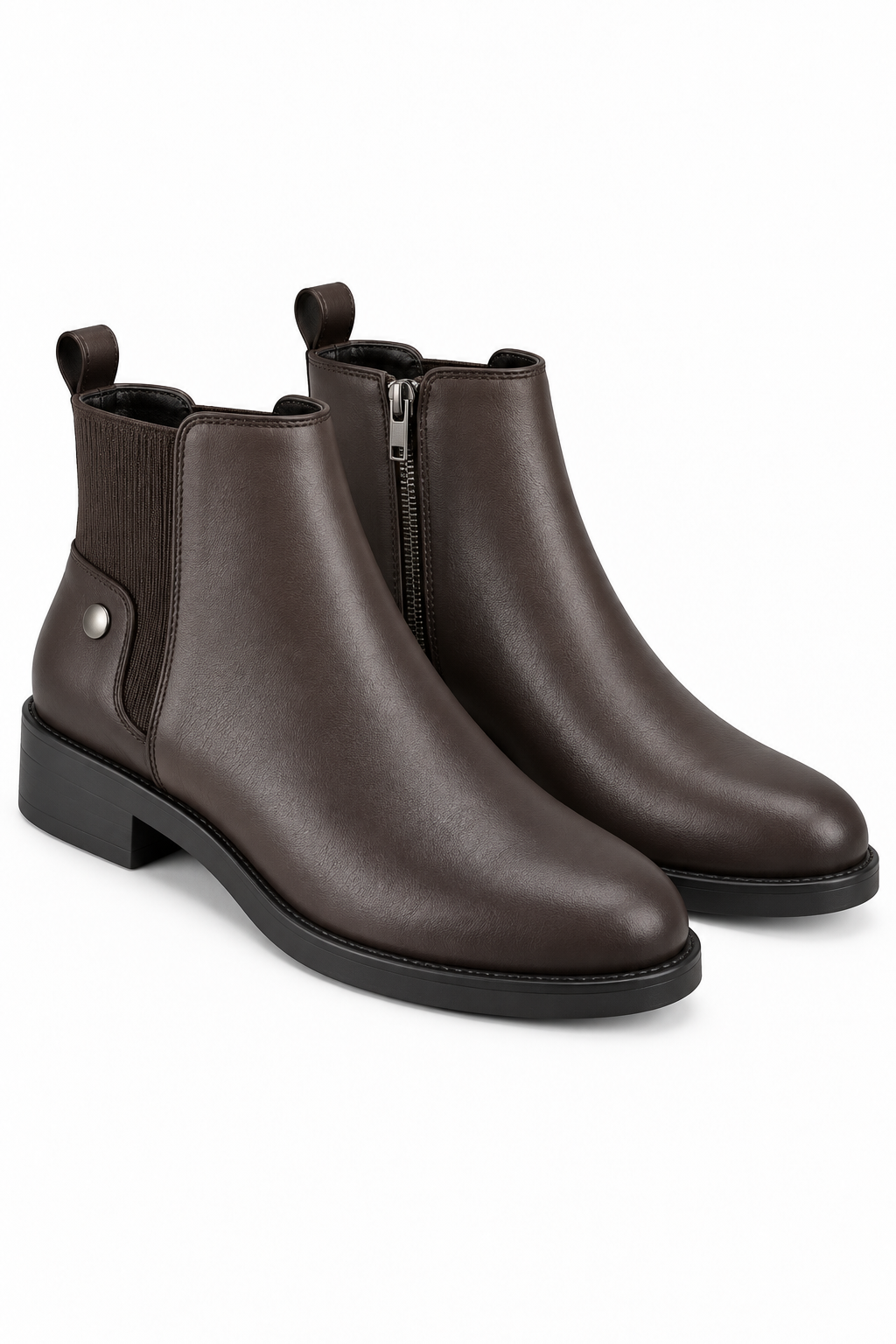 Cooper Faux Leather Luxe Low Heel Stud Zip Up Ankle Chelsea Boots Brown