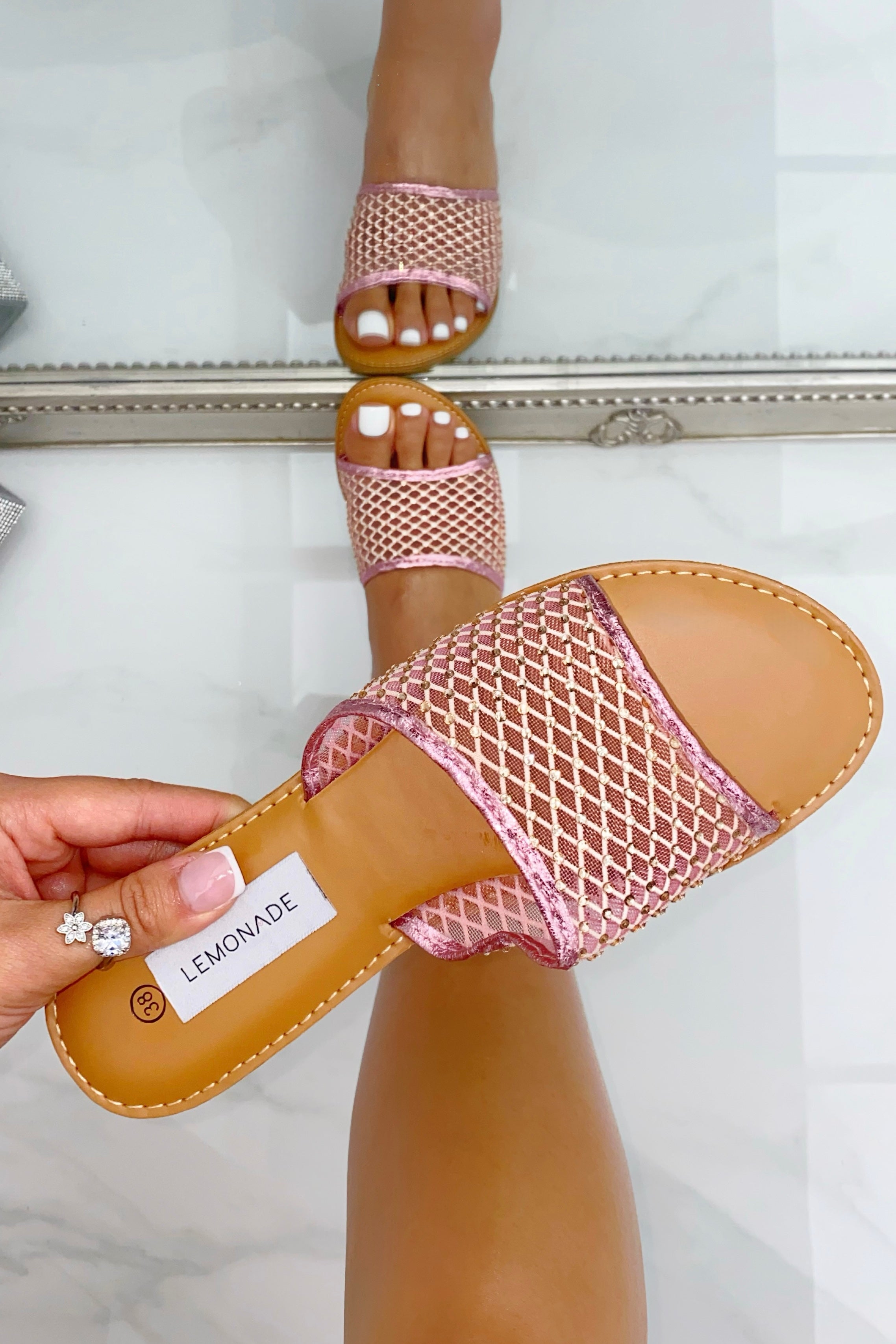 Crystal Gem Mesh Sliders Pink