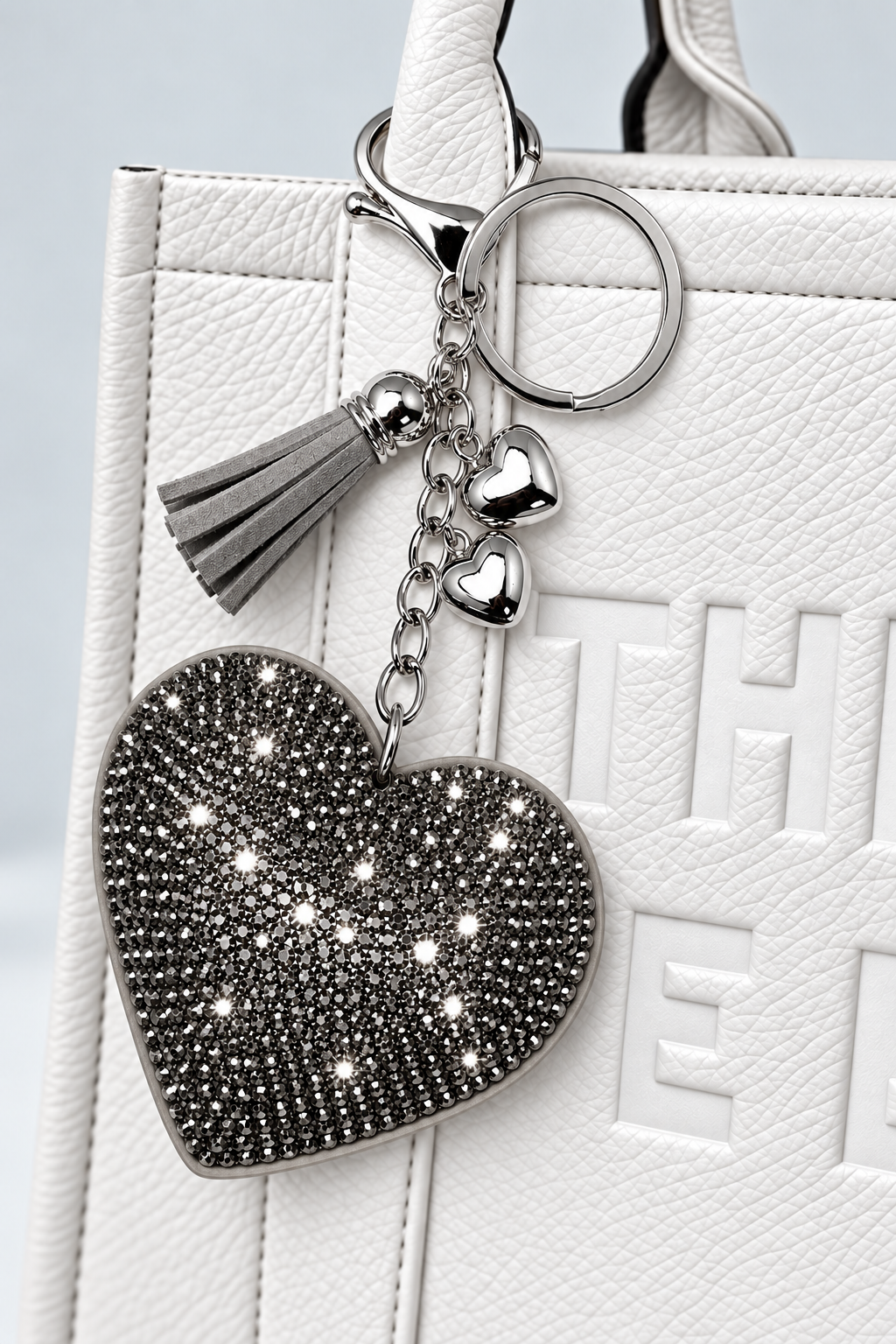 Crystal Padded Heart Bag Charm Keyring Pewter