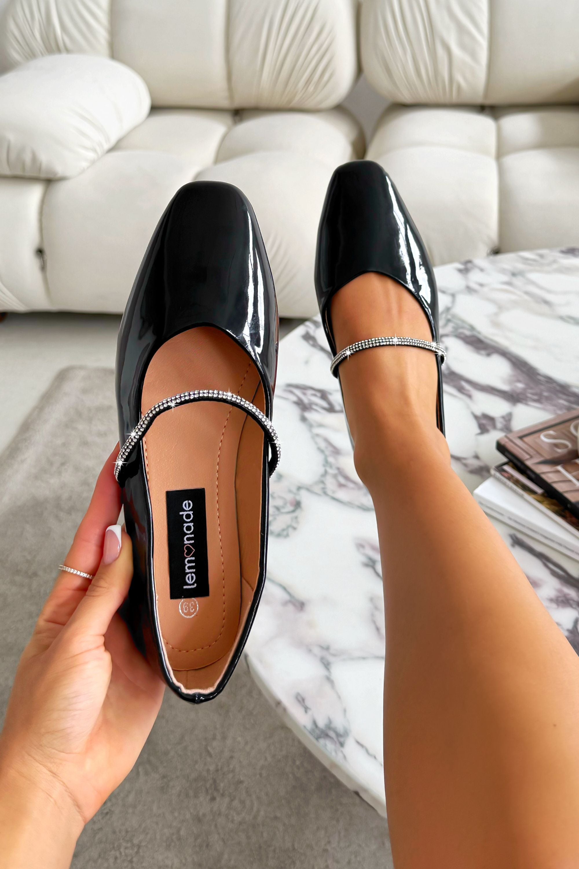 Crystal Belle Dolly Shoes Black with slim rubber sole for comfort and grip