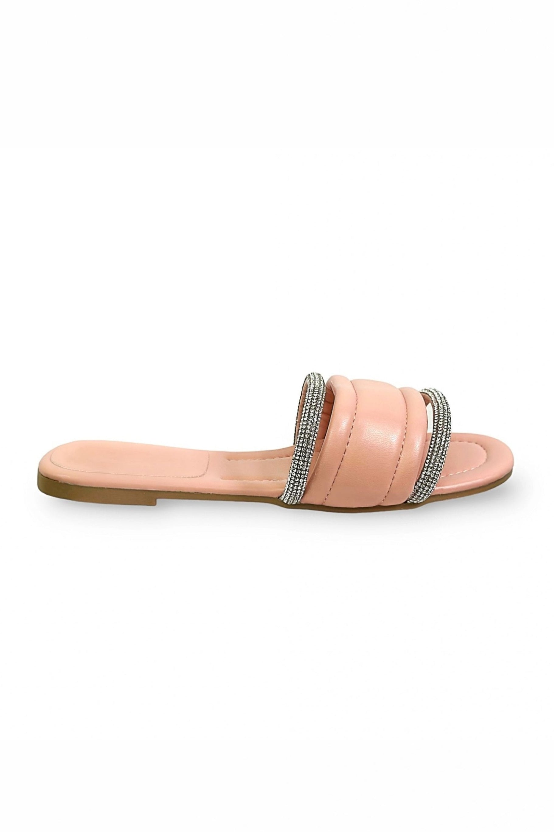 Peach sandal with decorative straps on a white background