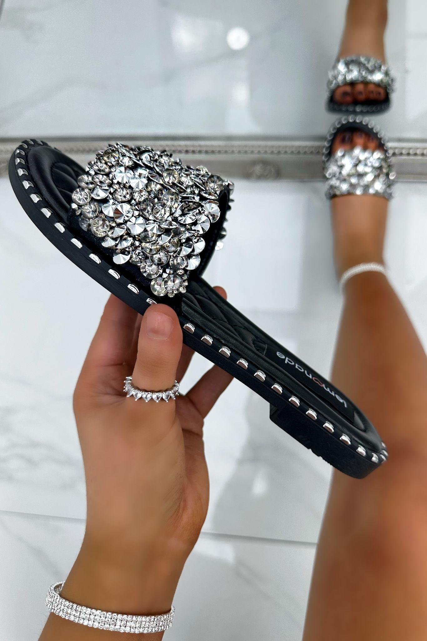 Crystal Clustered Sliders Black Diamond, with emphasis on assorted Crystal Embellishments