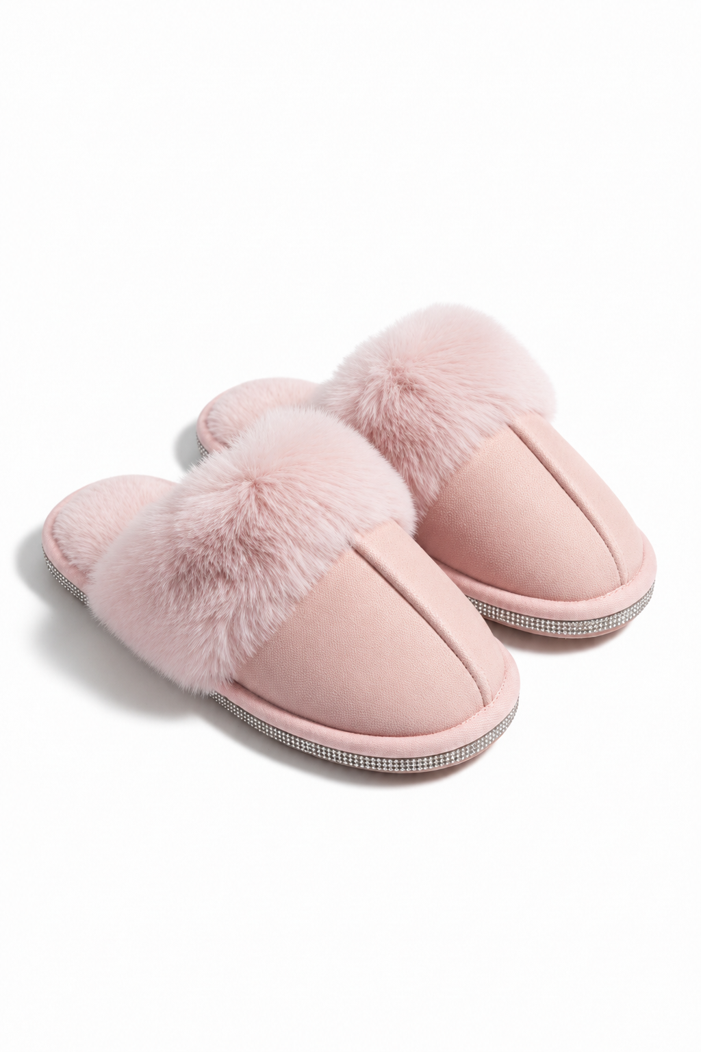 Crystal Diamante Trim Faux Fur Slippers Pink