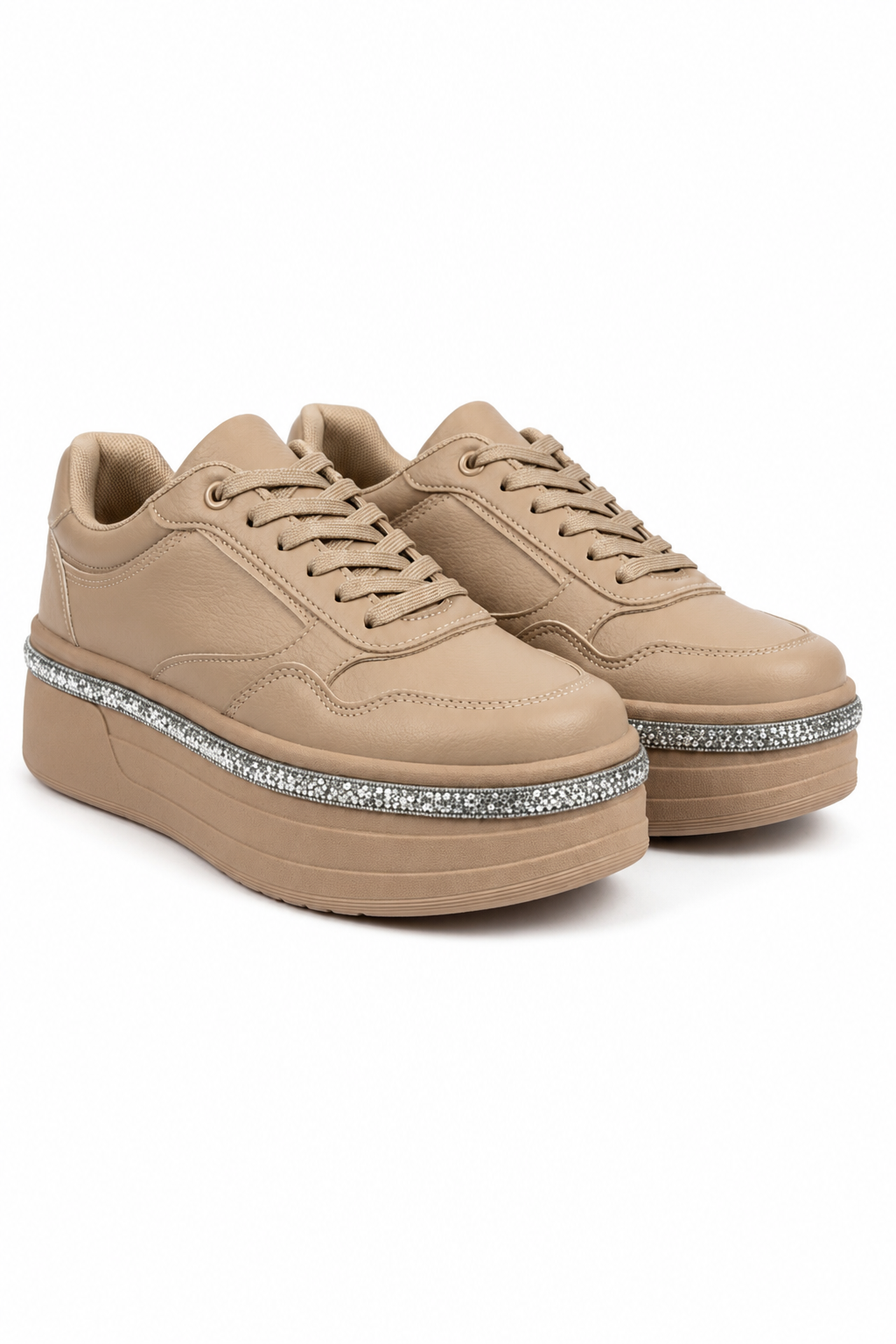 Crystal Diamante Trim Platform Trainers Mocha