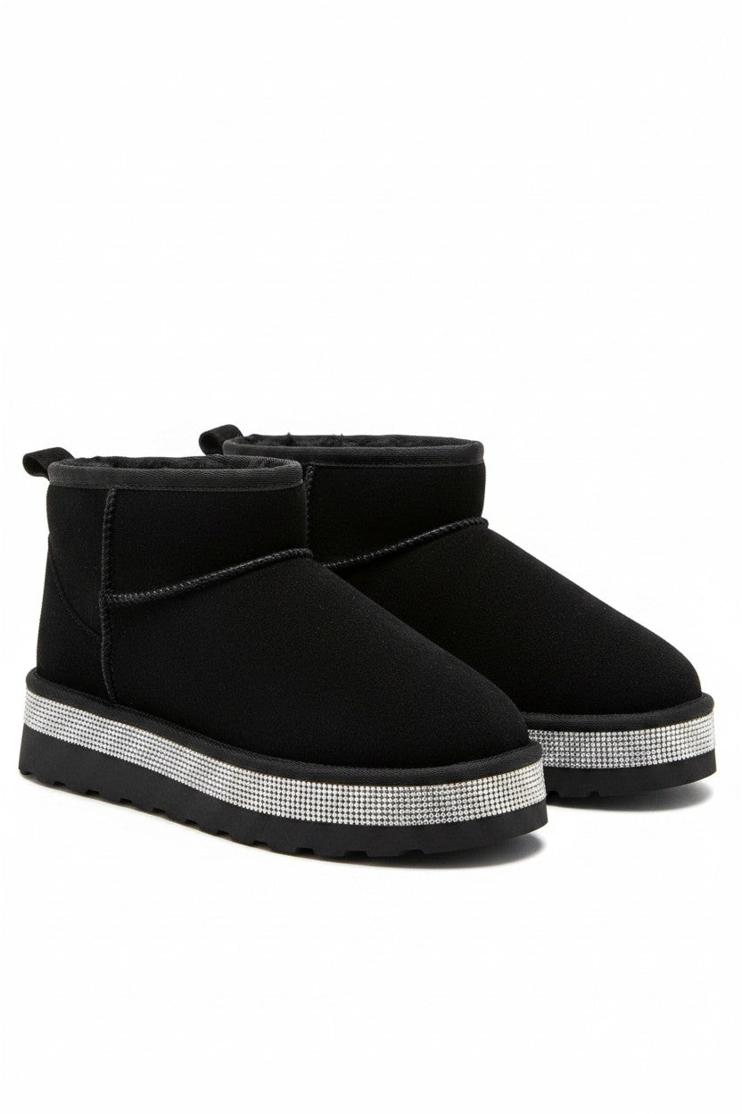 Crystal Diamond Edge Cosy Snug Mini Boots Black