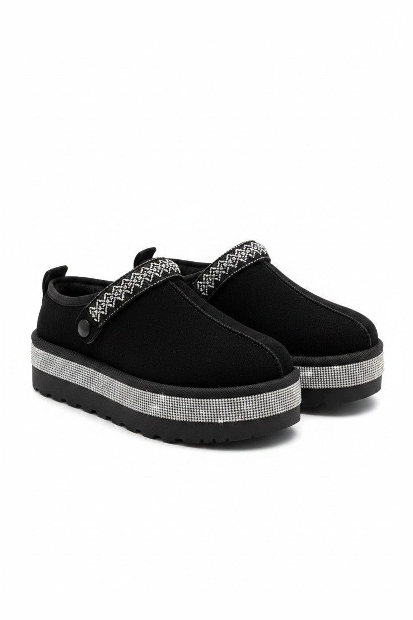 Crystal Diamond Edge Faux Suede Platform Mule Clog Slippers Black