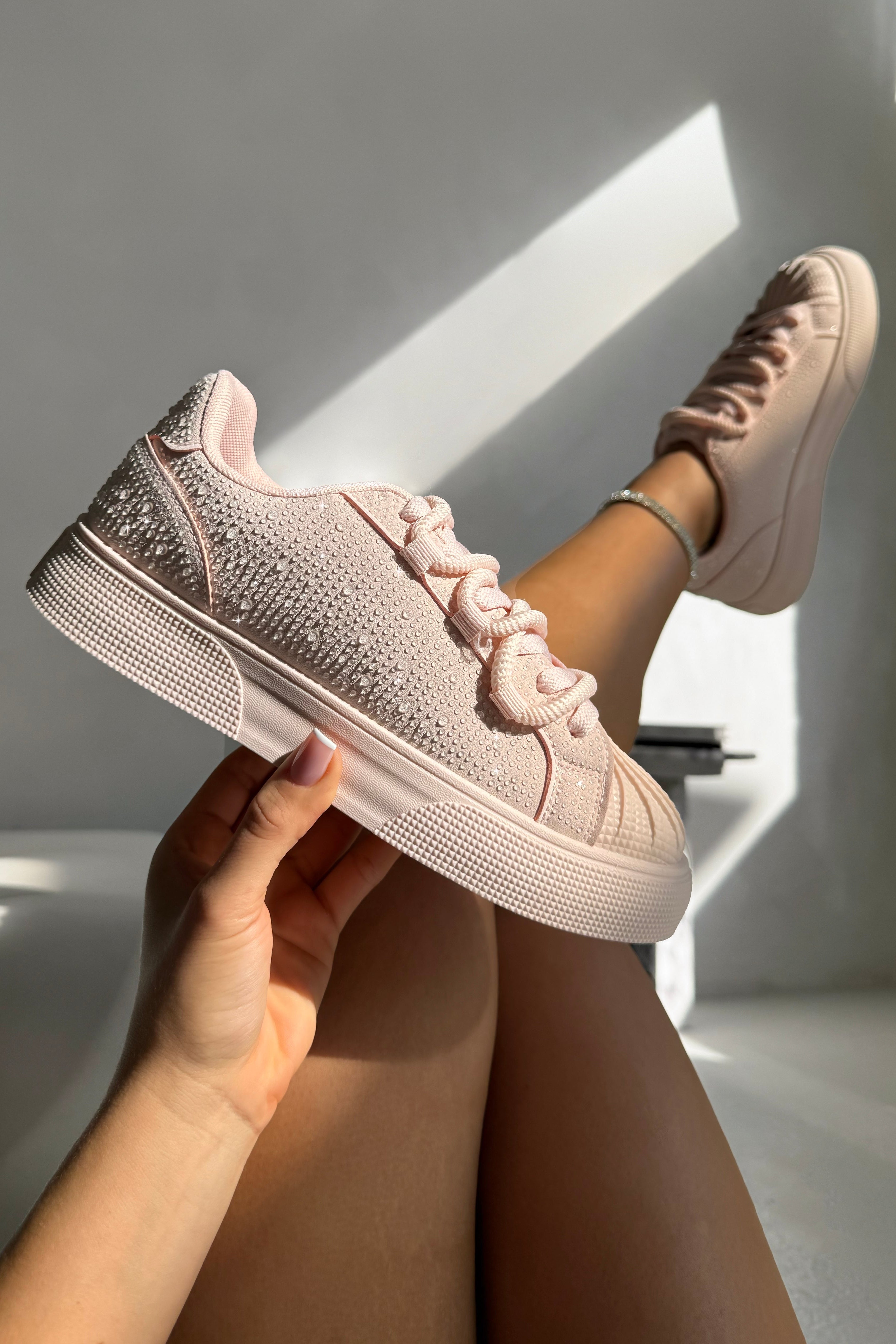Crystal Embellished Aura Lace-Up Trainers Pink finished with crystal embellished detailing