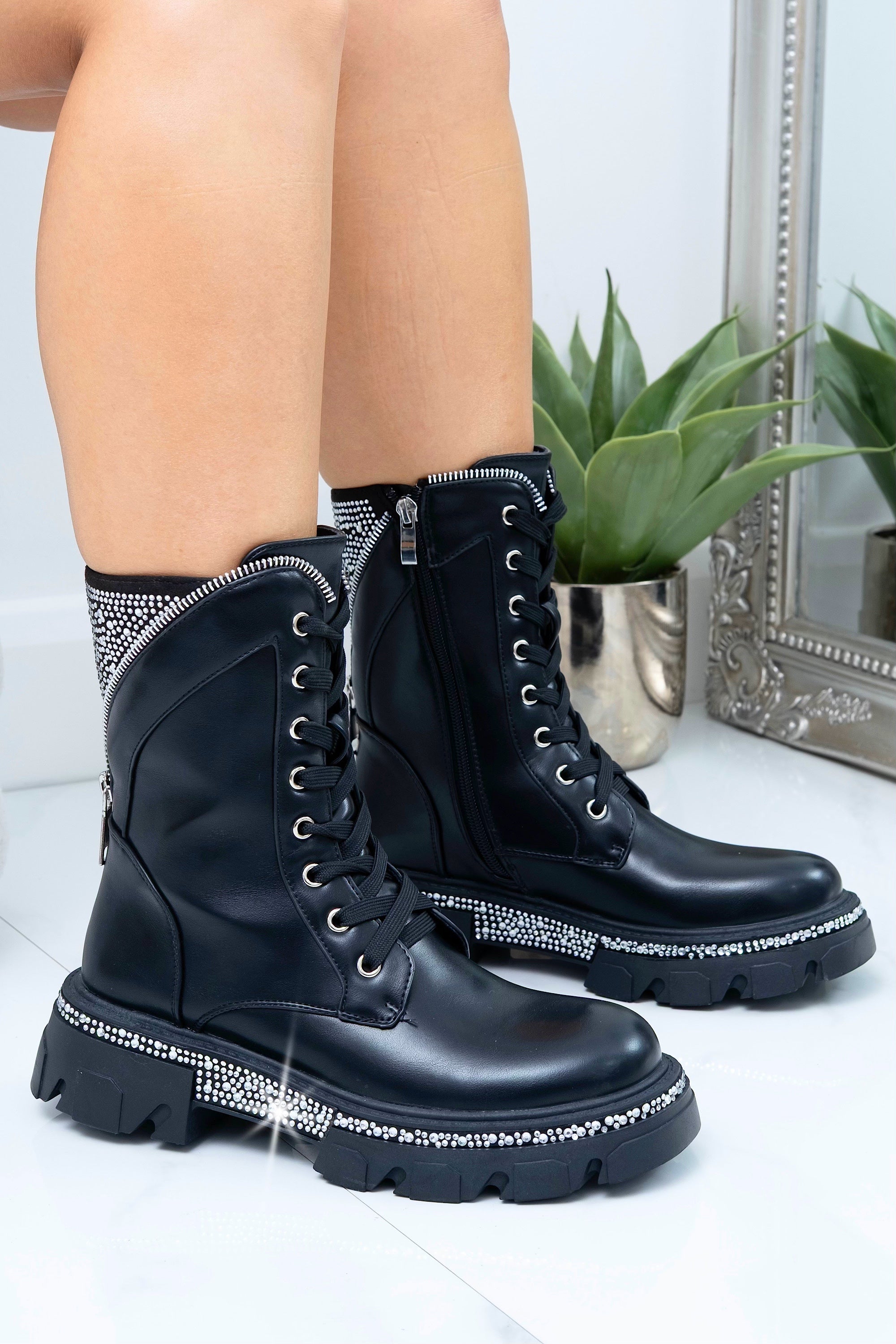 Crystal Glam Warrior Biker Boots Black