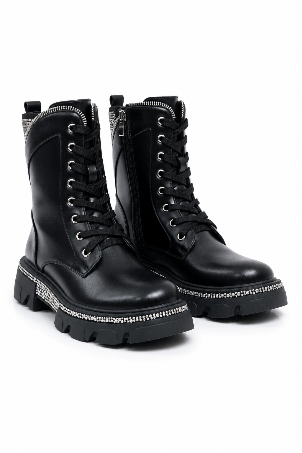 Crystal Glam Warrior Biker Boots Black