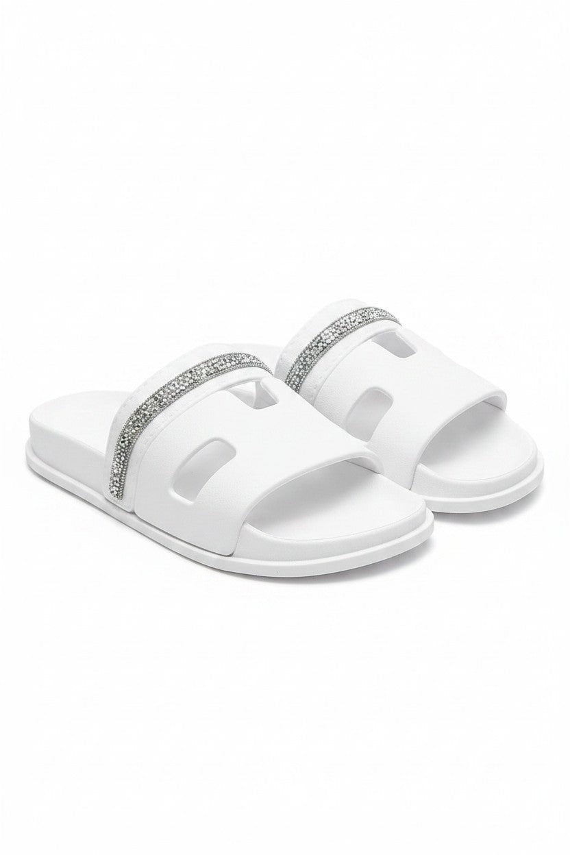 Crystal Halo Double Strap Sliders White