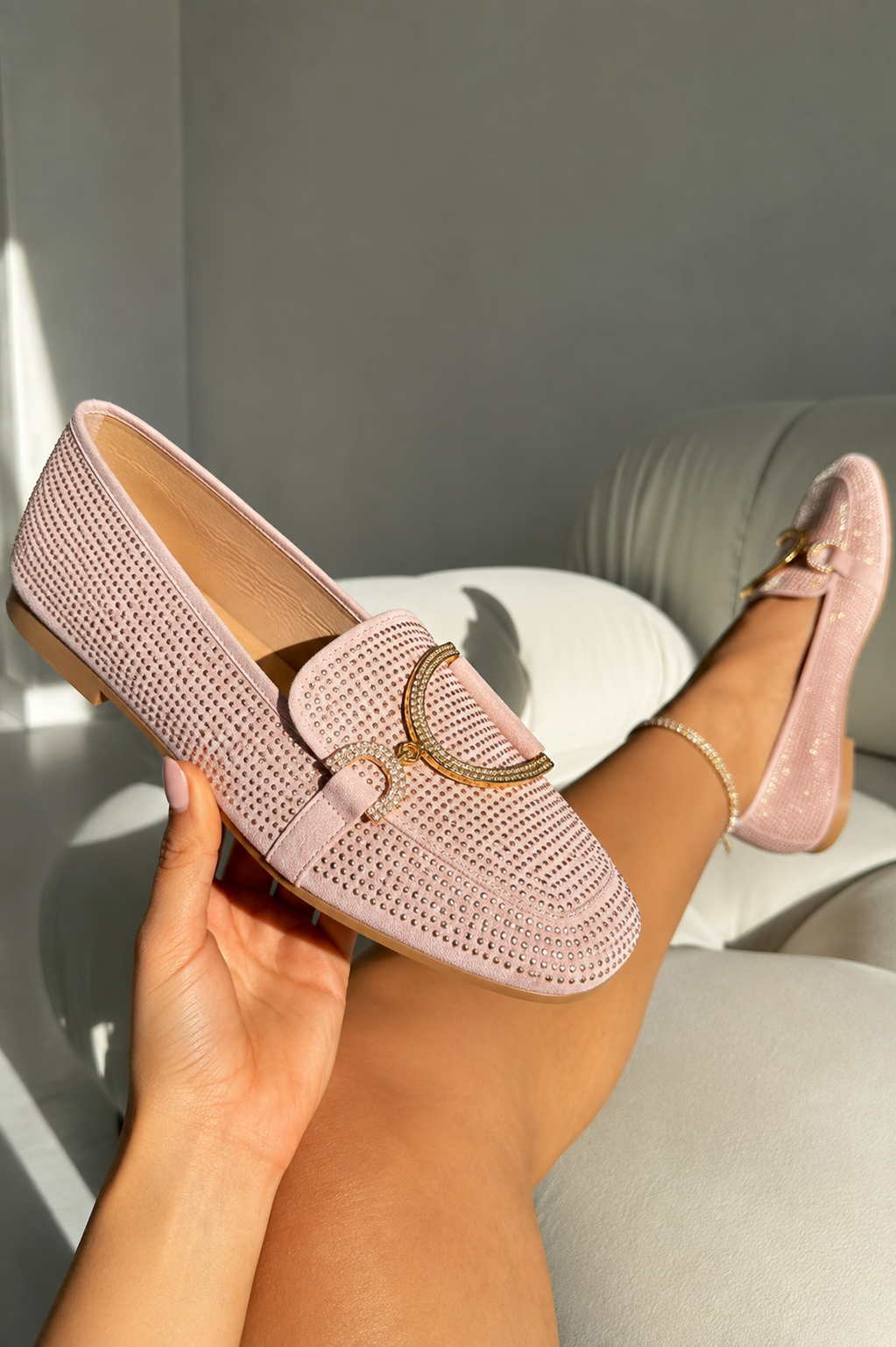 Crystal Imperial Suede Loafers Pink