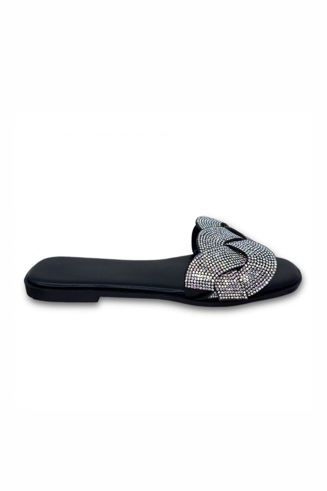 Black sandal with a decorative strap on a white background