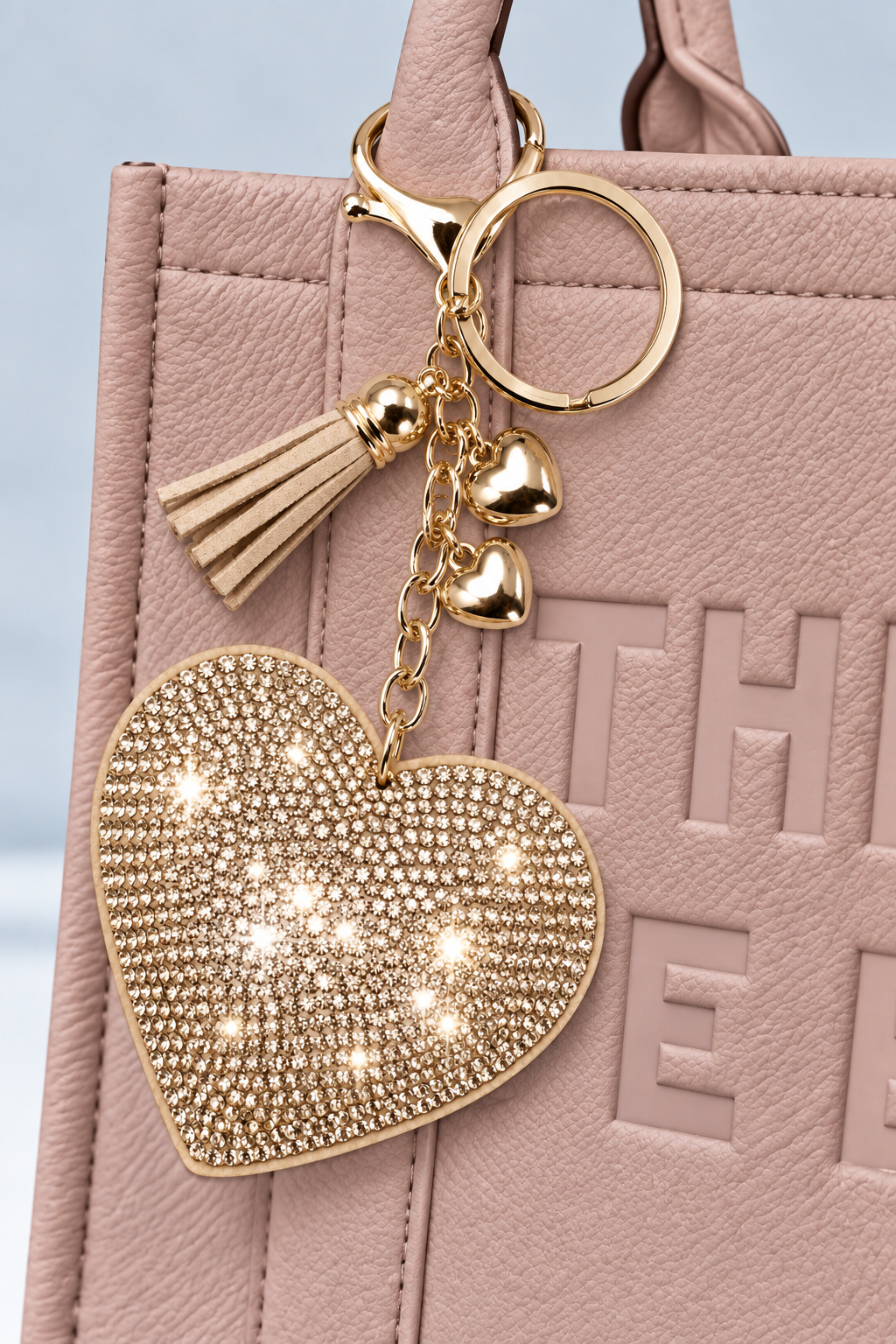 Crystal Padded Heart Bag Charm Keyring Rose Gold