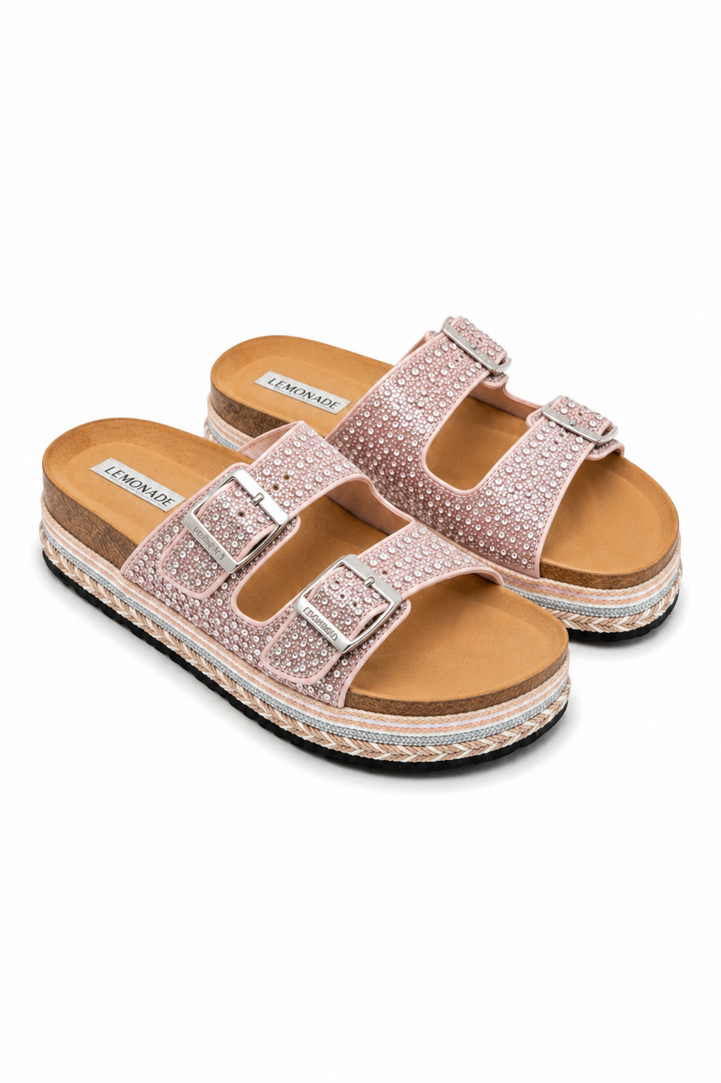 Crystal Riviera Double Buckle Sliders Pink