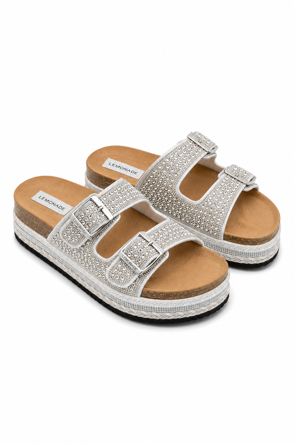 Crystal Riviera Double Buckle Sliders Silver