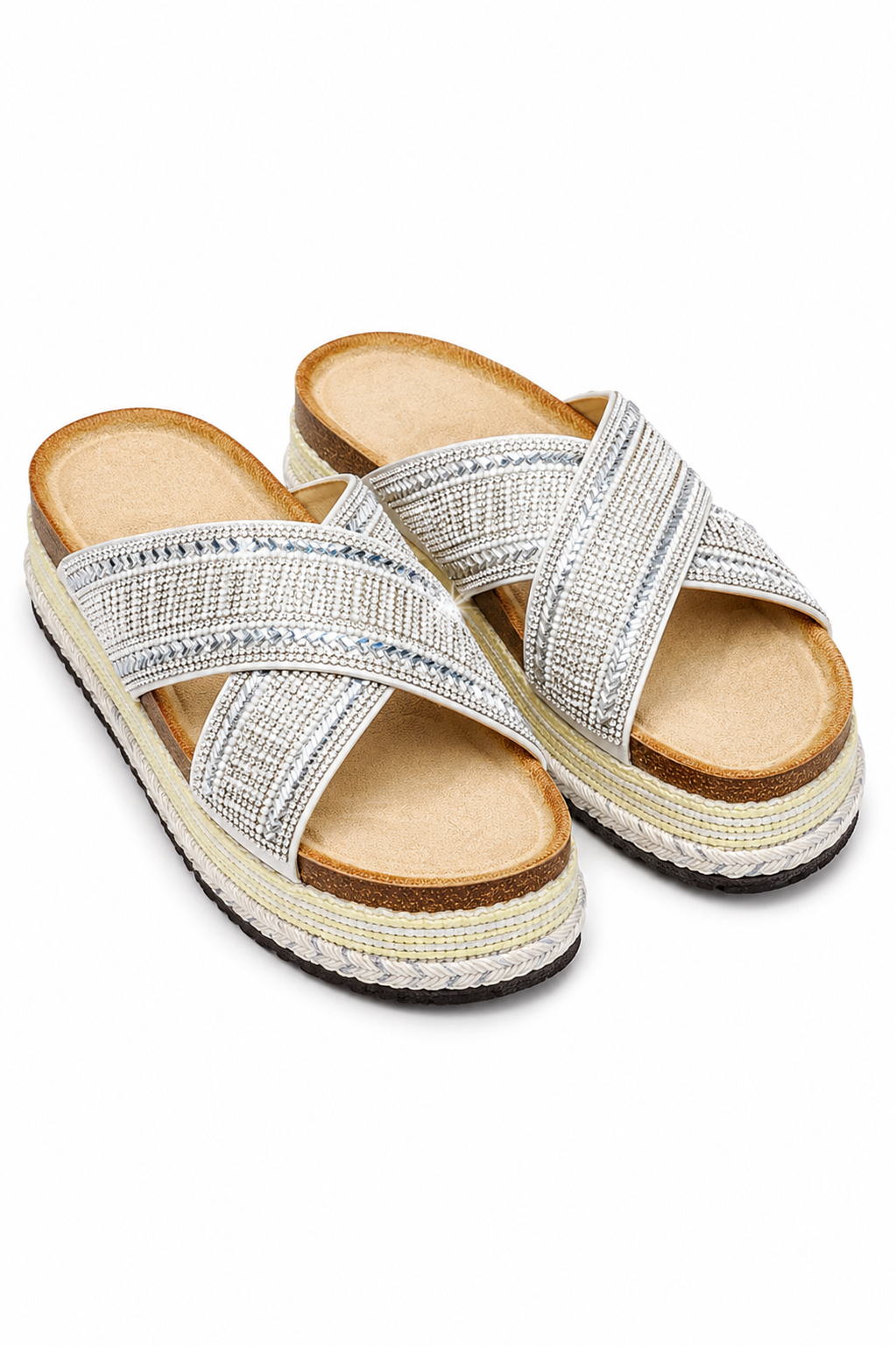 Crystal Shimmer Wedge Sliders Silver
