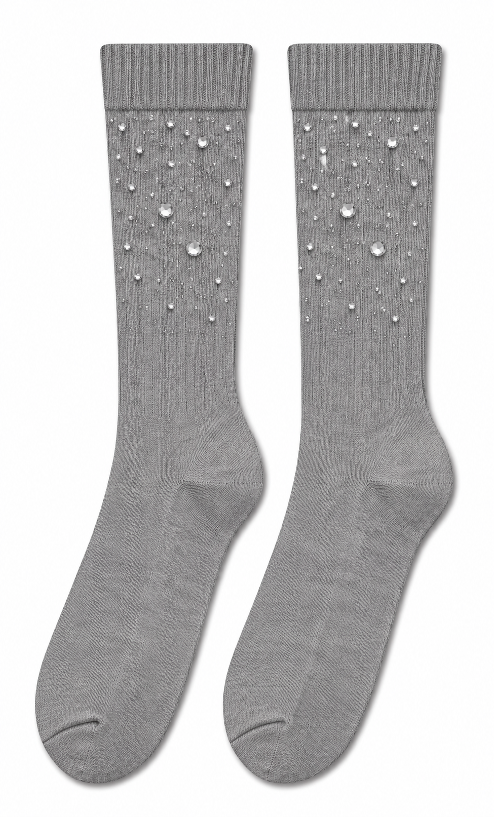 A pair of light gray ribbed crew socks decorated with small silver rhinestones on the upper leg, displayed against a plain white background.