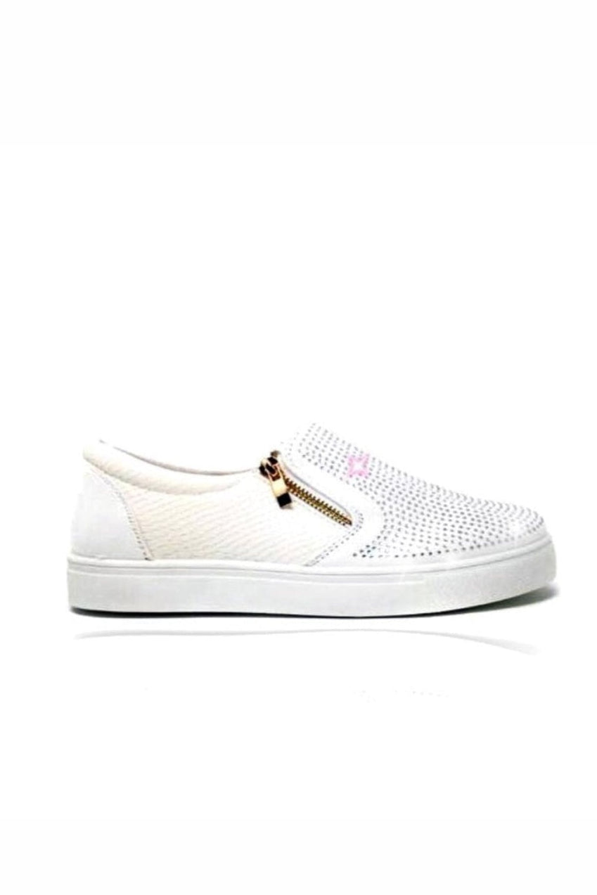 White sneaker with a gold zipper on a white background