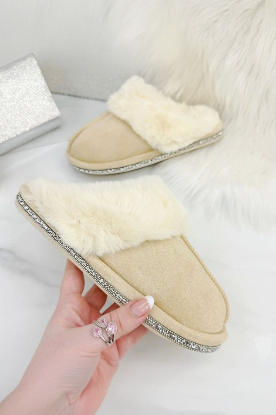 Crystal Trim Cosy Slippers Nude