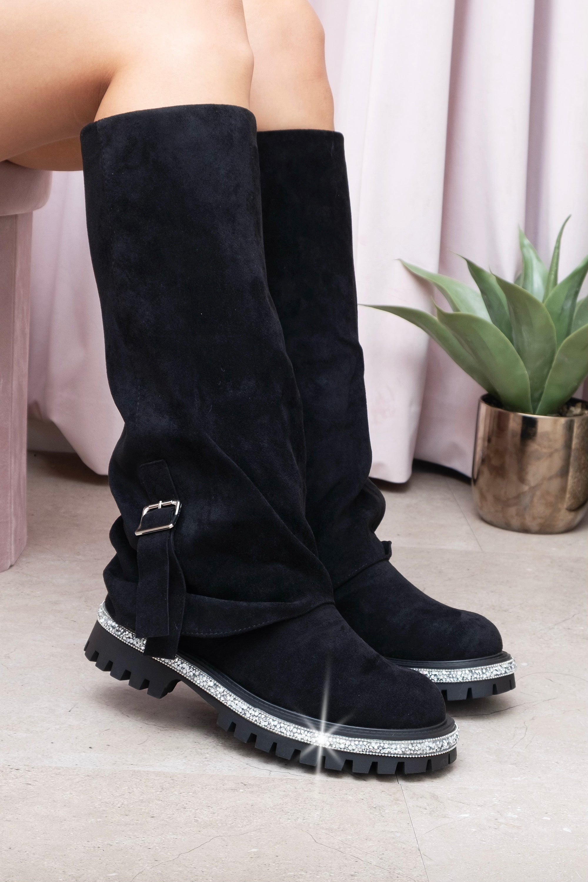 Crystal Trim Wild Obsession Knee High Boots Black