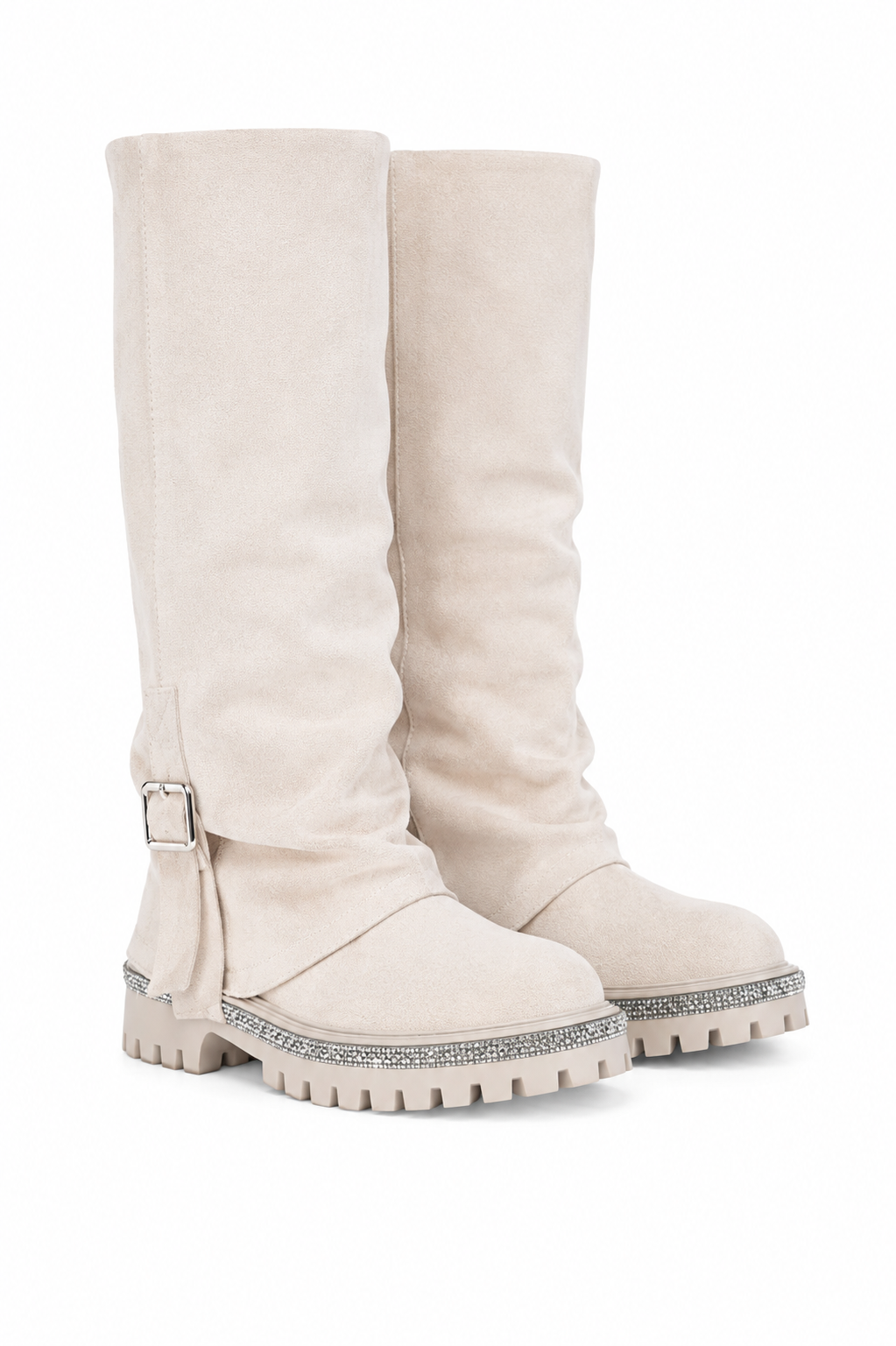 Crystal Trim Wild Obsession Knee High Boots Nude