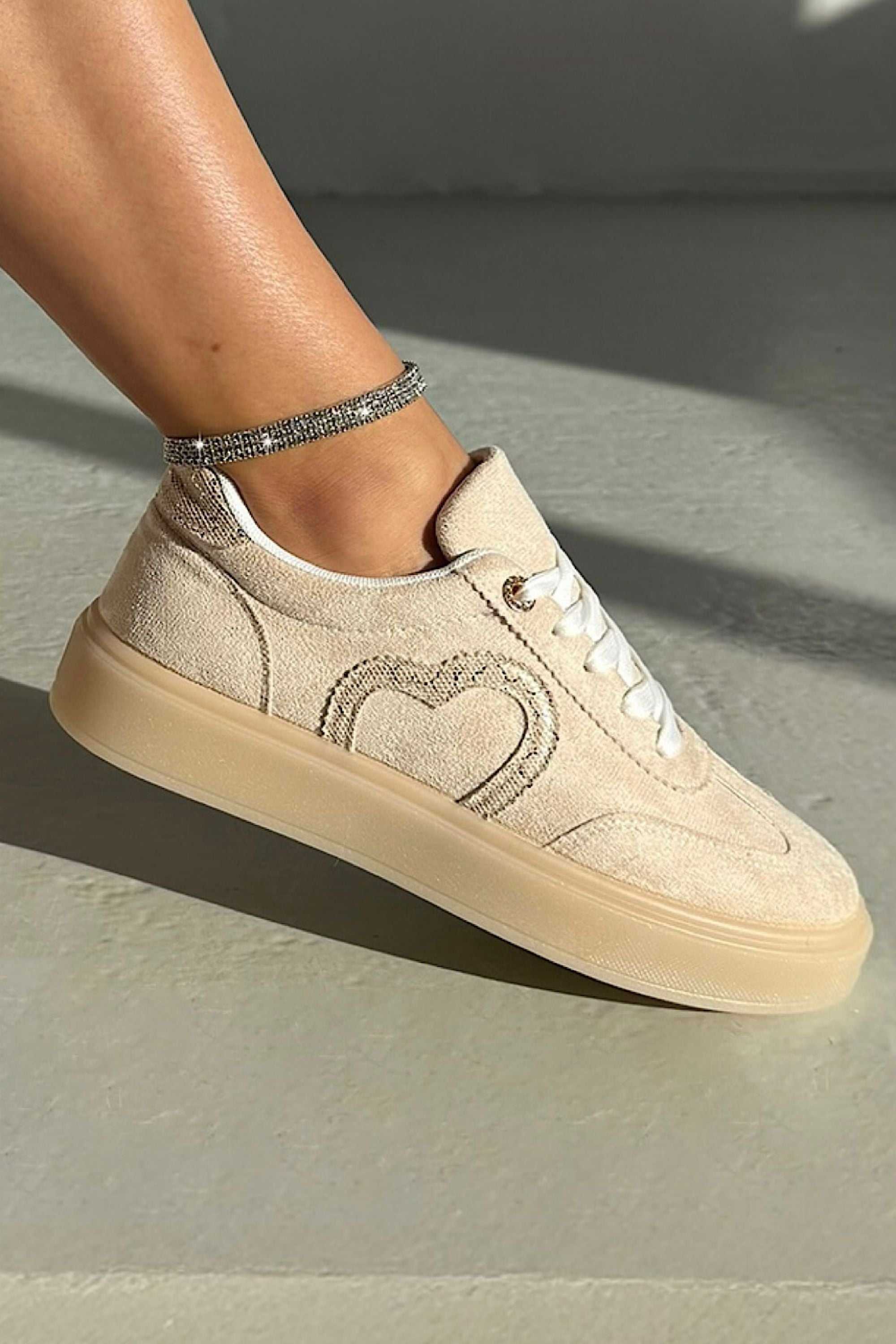 Crystal Cherish Heart Lace-Up Trainers Nude, highlighting low-profile trainer silhouette