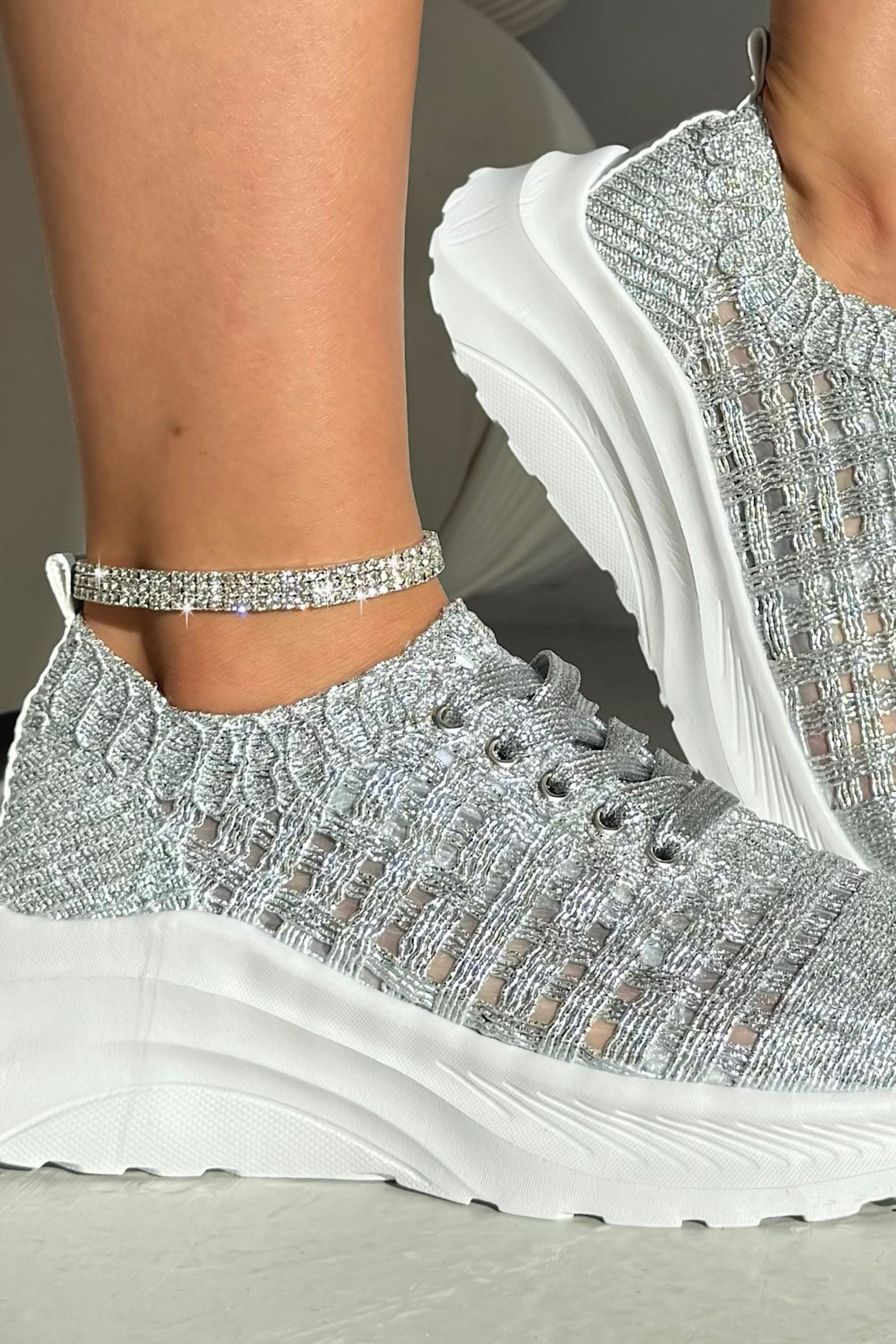 Flex Cloud Knit Mesh Lace-Up Chunky Trainers Silver, bringing attention to breathable knit-style mesh-look upper