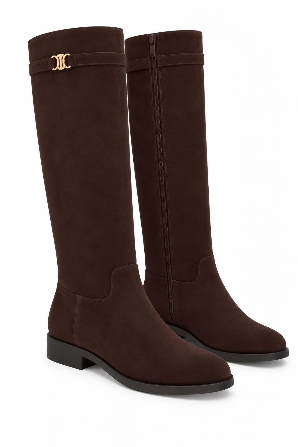 Elodie Luxe Faux Suede Zip Up Knee High Buckle Boots Coffee Brown