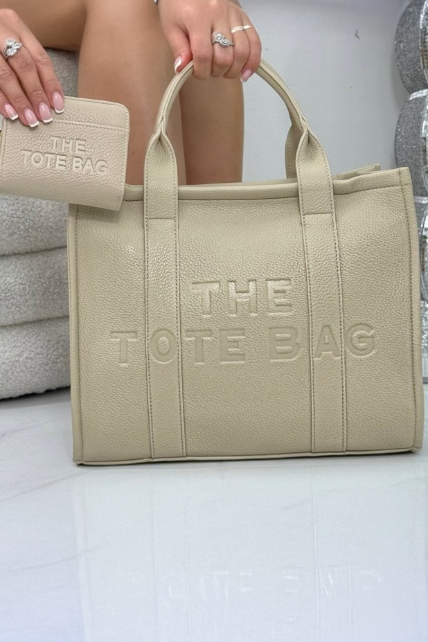 Faux Leather Large Tote Bag Beige & Zip Up Tote Bag Purse Beige Bundle designed with striking beige faux leather with a textured, luxury feel