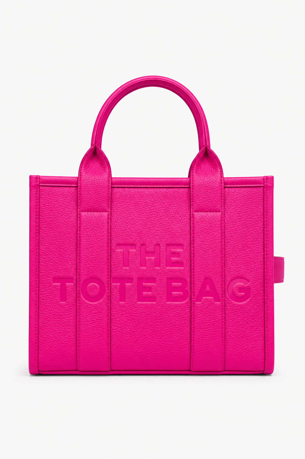 Bright pink textured tote bag with embossed &