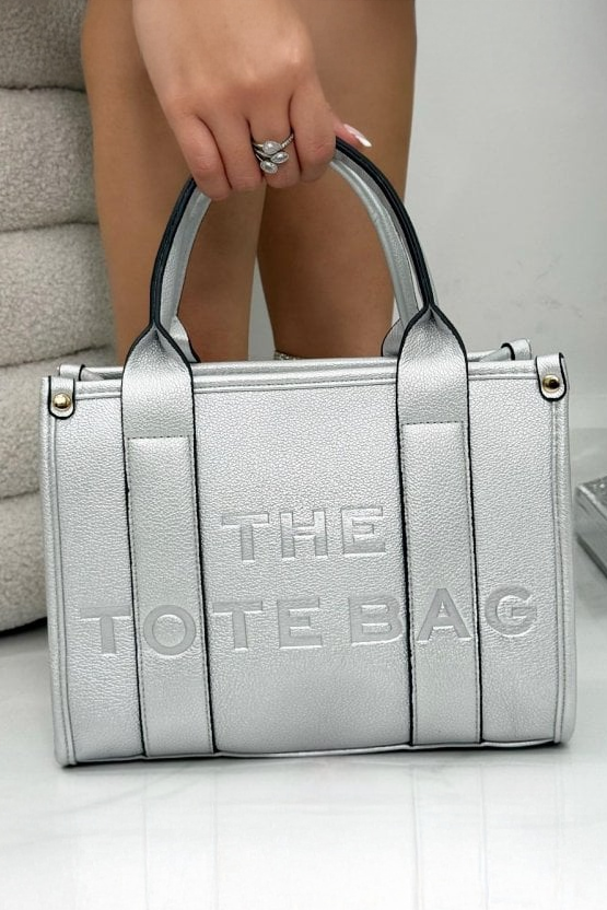 Faux Leather Medium Tote Bag Metallic Silver designed with dimensions - approx 20cm tall, 27cm wide, 9.5cm deep