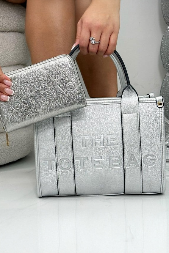 Faux Leather Medium Tote Bag Metallic Silver & Faux Leather Tote Bag Purse Metallic Silver Bundle with dimensions - approx 20cm tall, 27cm wide, 9.5cm deep