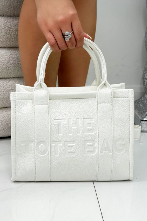 Faux Leather Medium Tote Bag White designed with soft white faux leather with a high-end textured finish