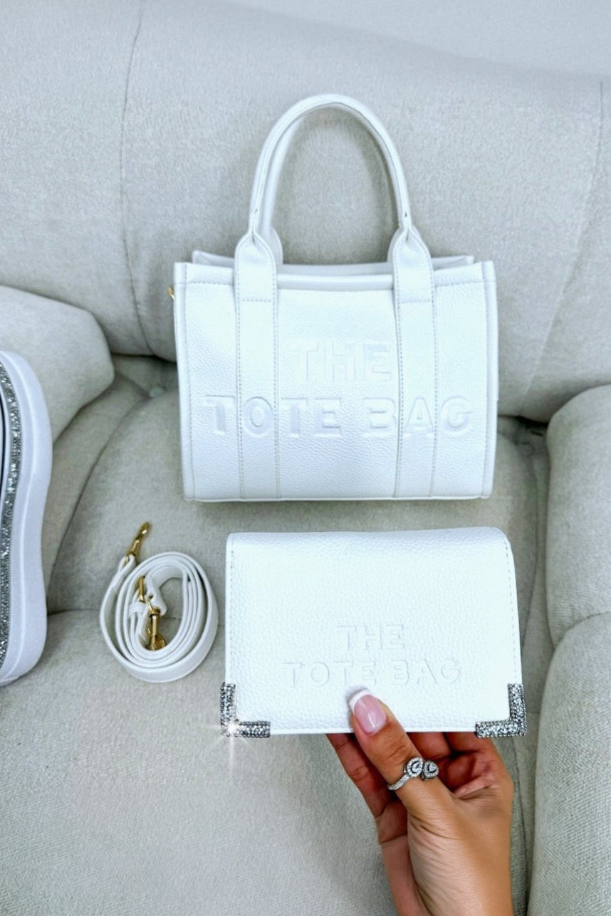 Faux Leather Medium Tote Bag White & Sparkly Tote Purse White Bundle