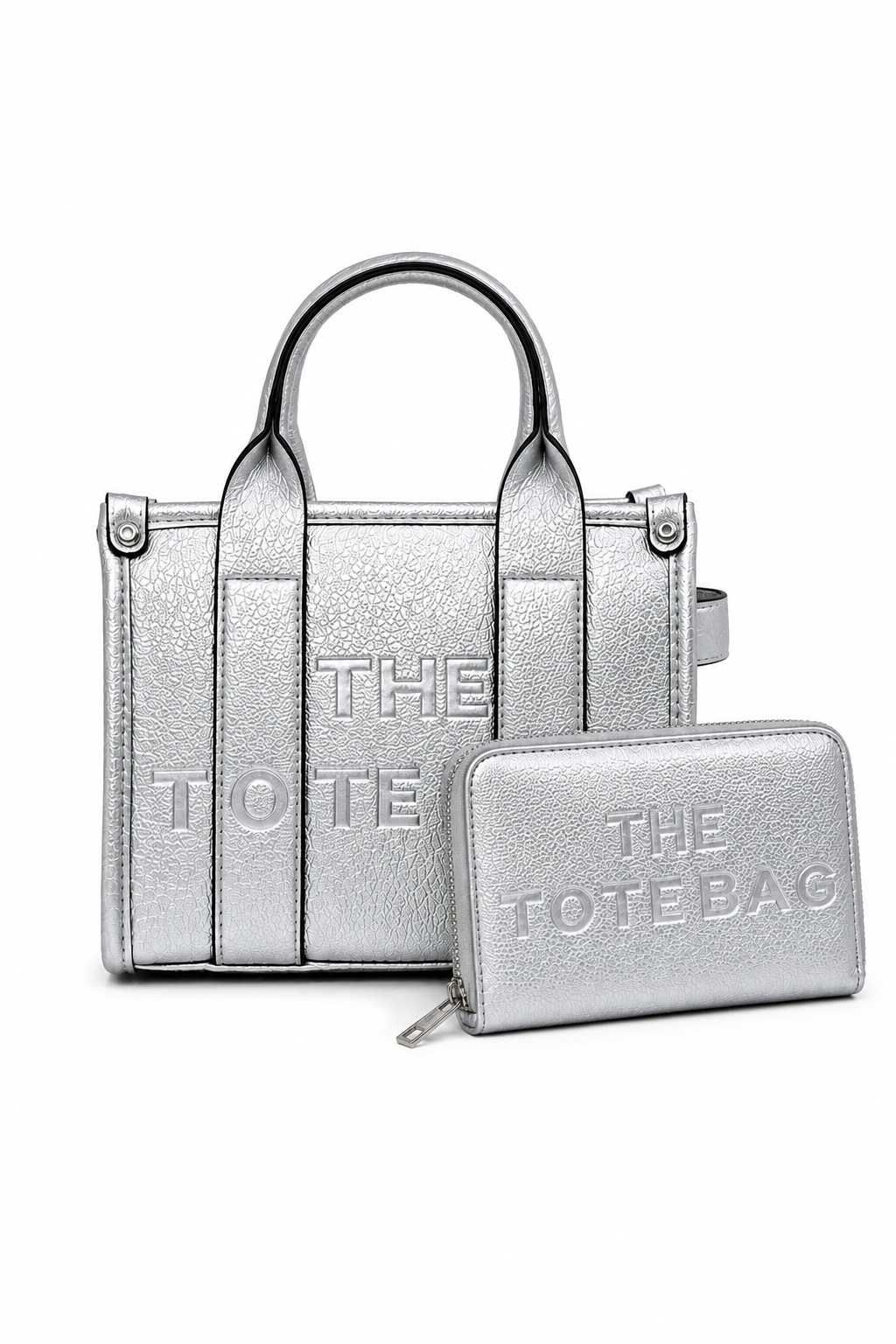 Faux Leather Mini Tote Bag Metallic Silver & Faux Leather Tote Bag Purse Metallic Silver Bundle