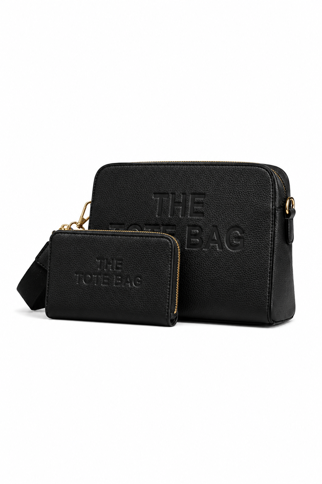 Faux Leather Triple Compartment Everyday Crossbody Tote Bag & Faux Leather Everyday Wallet Tote Purse Black Bundle
