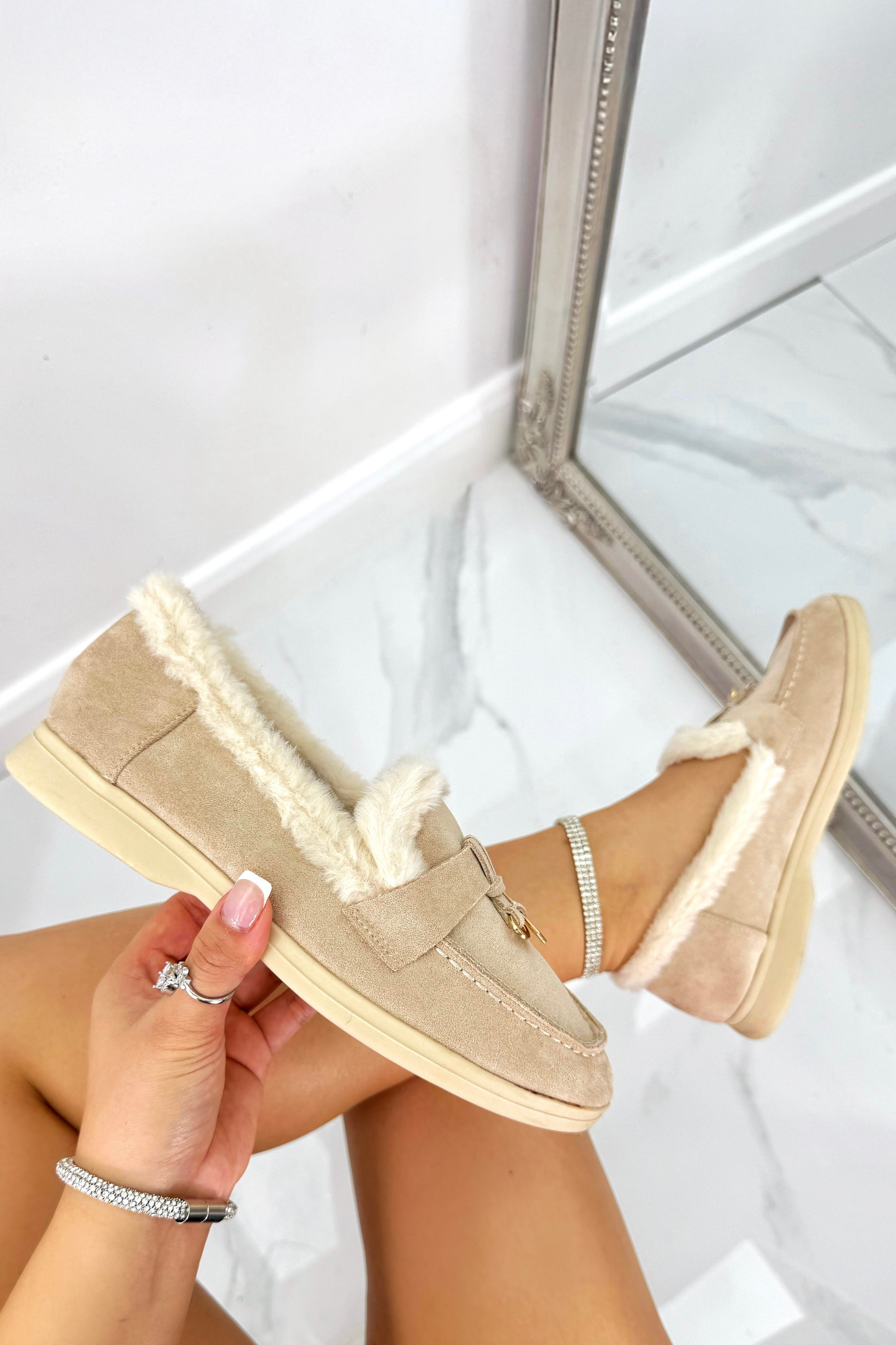 Velvet Crush Loafers Nude featuring faux suede finish