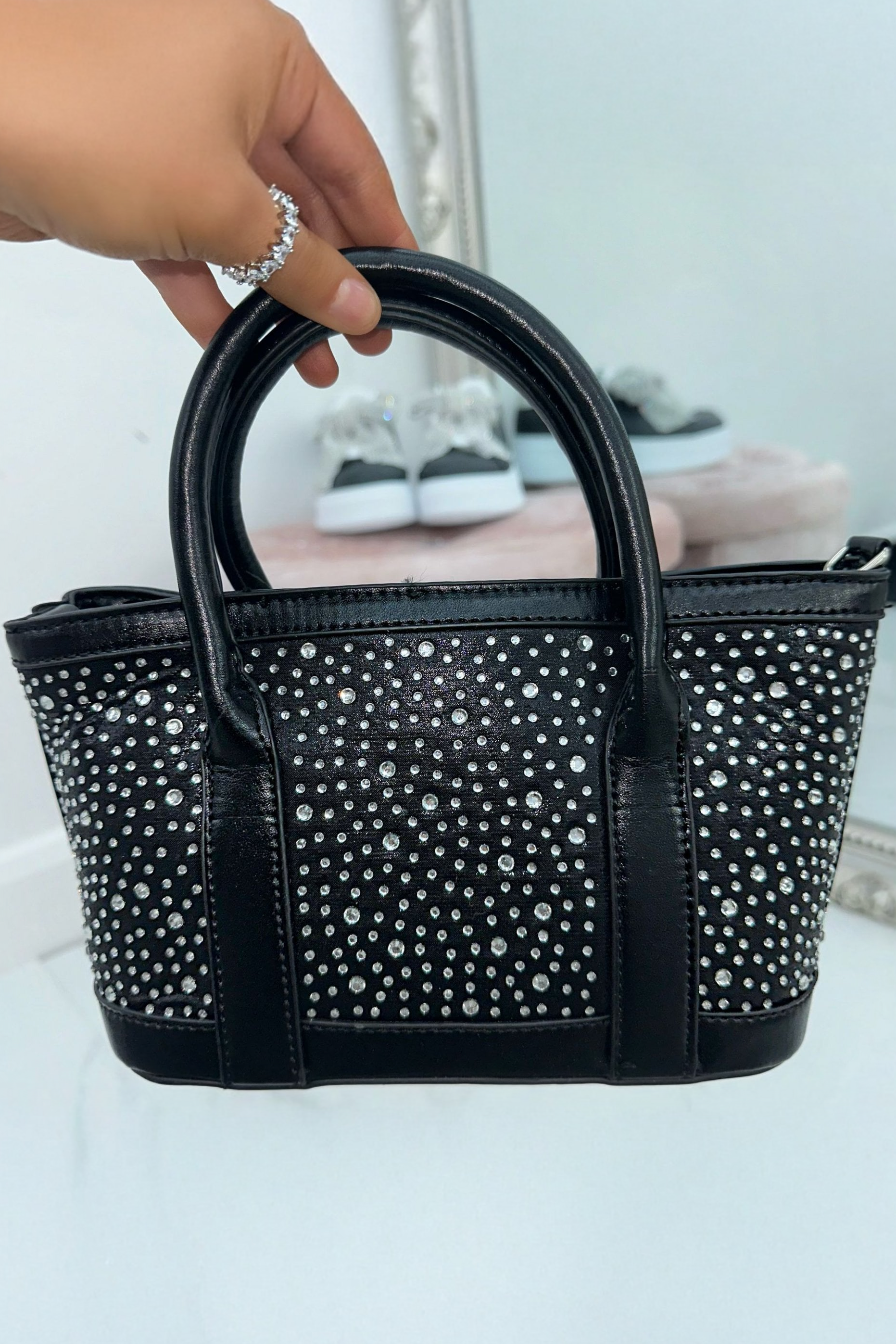 Crystal Mini Tote Handbag Black featuring strong and durable handle