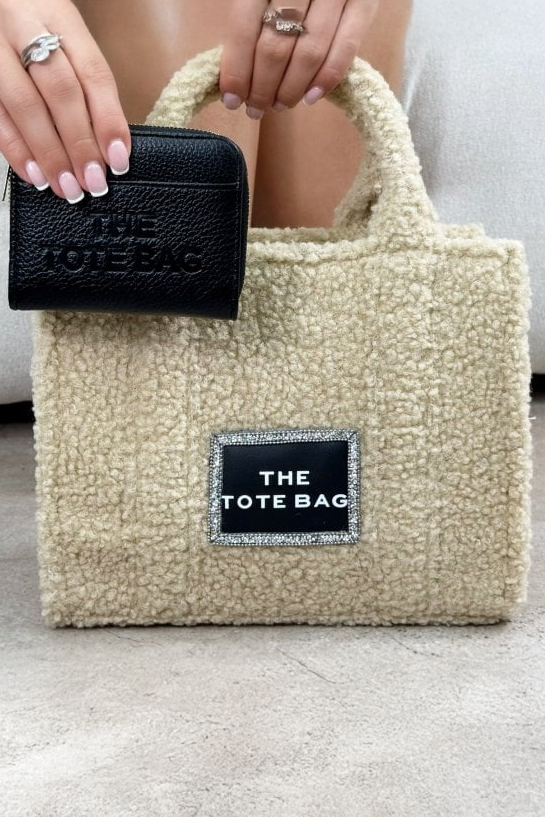 Crystal Trim Teddy Medium Tote Beige & Zip Up Tote Bag Purse Black Bundle, designed with a medium-sized silhouette.