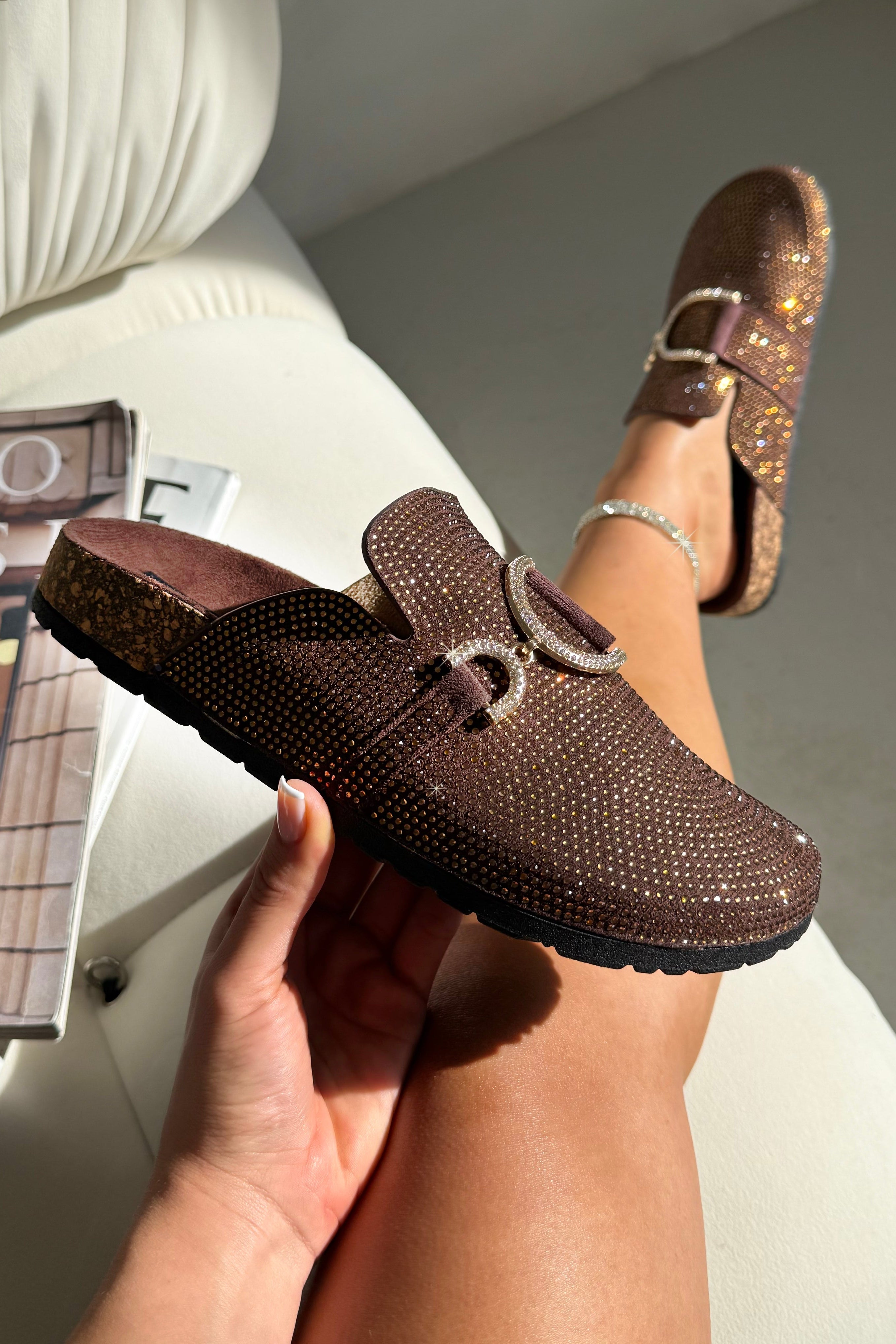 Crystal Imperial Suede Slip On Clog Mules Brown finished with crystal embellished buckle detail