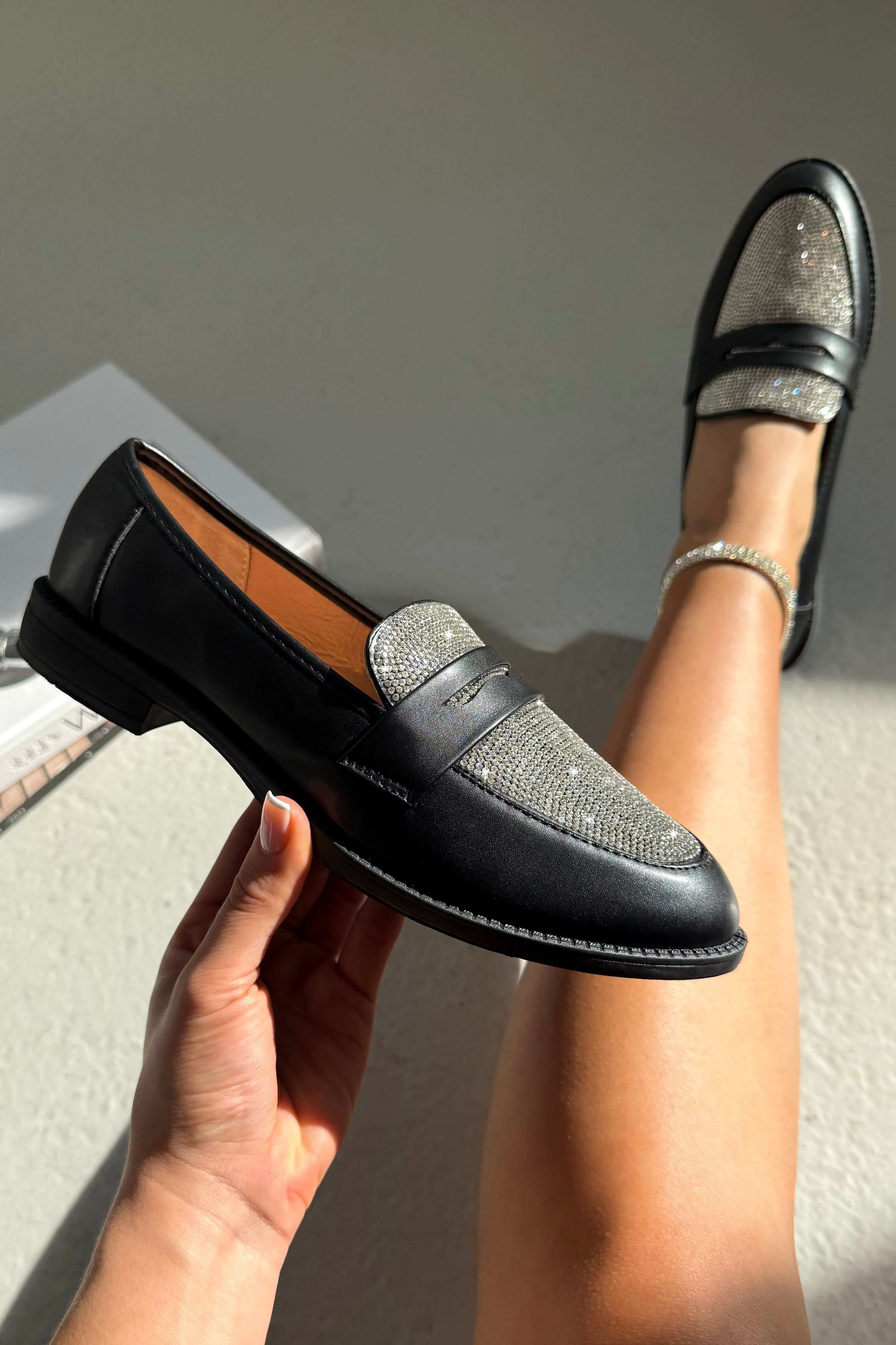 Crystal Shimmer Dream Panel Loafers Black finished with classic loafer silhouette