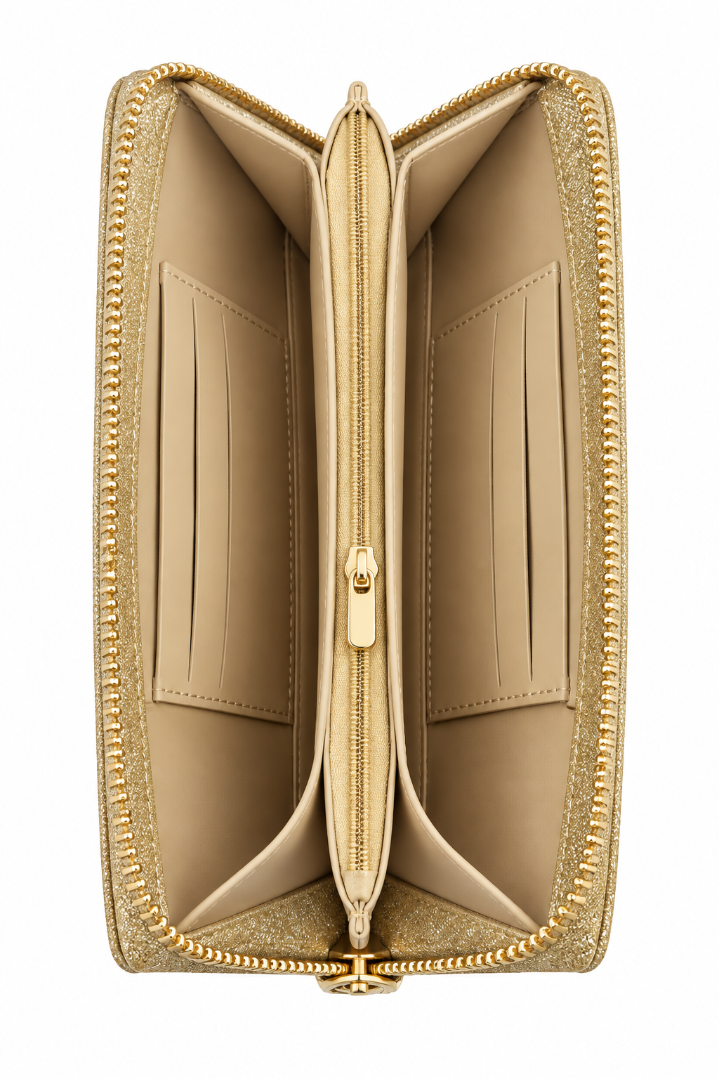 Side view of gold zip-around purse featuring gold tone zipper teeth, a matching gold zip pull and beige accordion- style interior with multiple compartments.