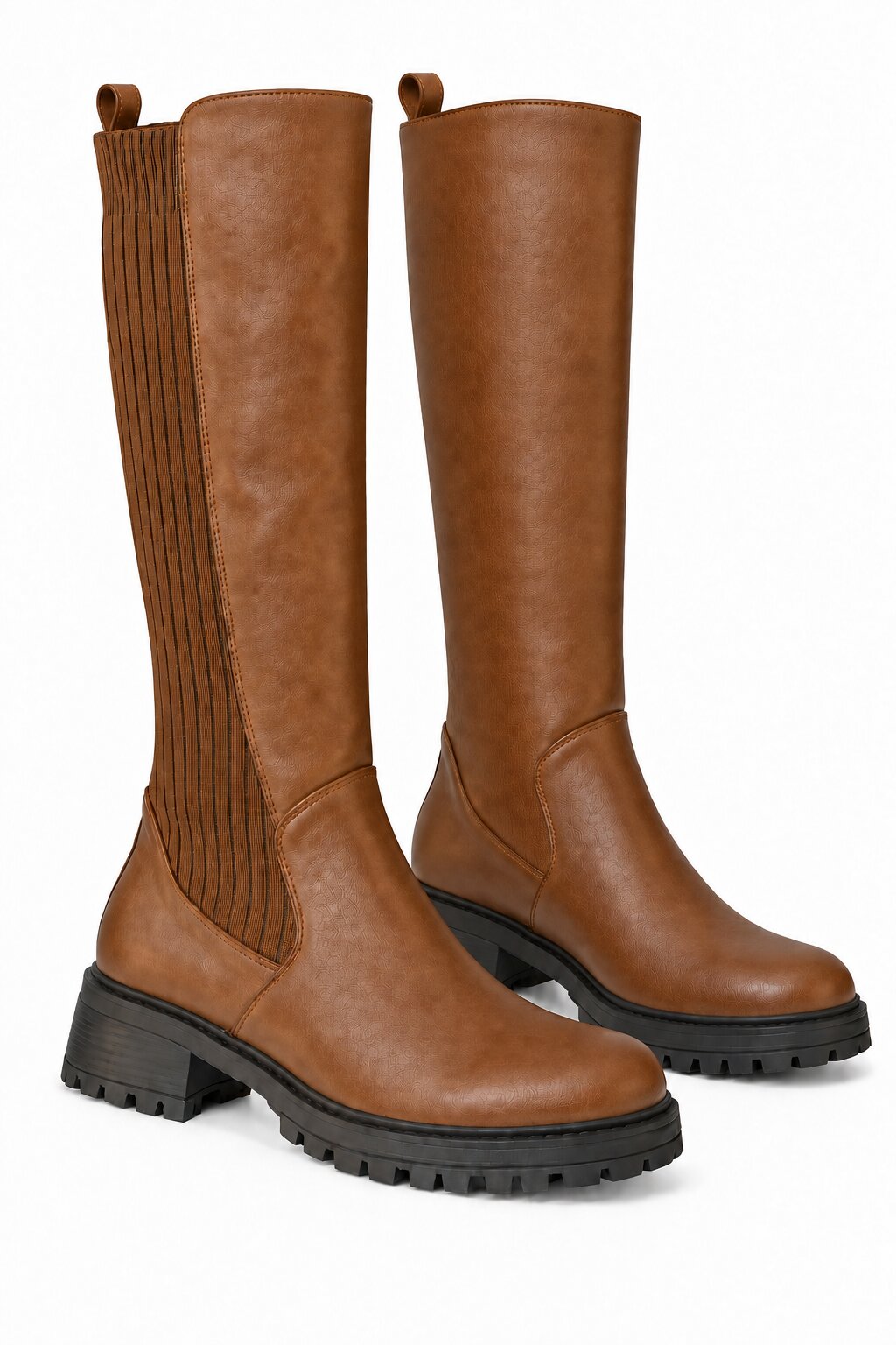 Henley Ribbed Stretch Panel Cleated Sole Knee High Boots Camel