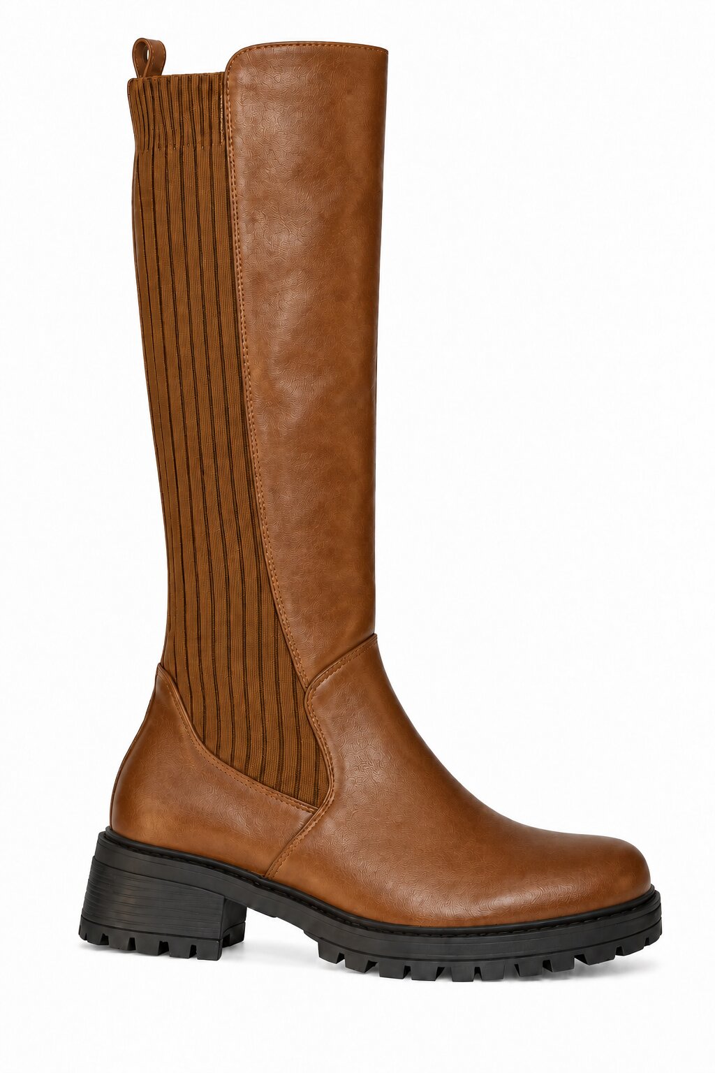 Henley Ribbed Stretch Panel Cleated Sole Knee High Boots Camel