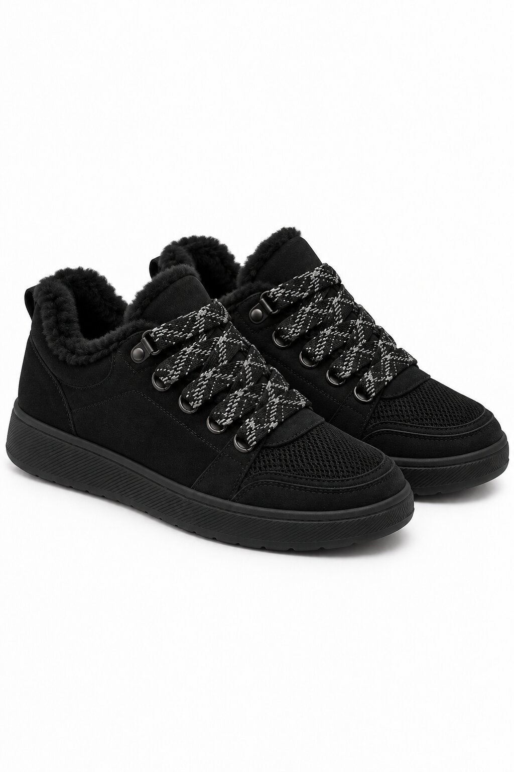 Hudson Comfort Faux Suede Check Lace Faux Fur Lined Trainers Black