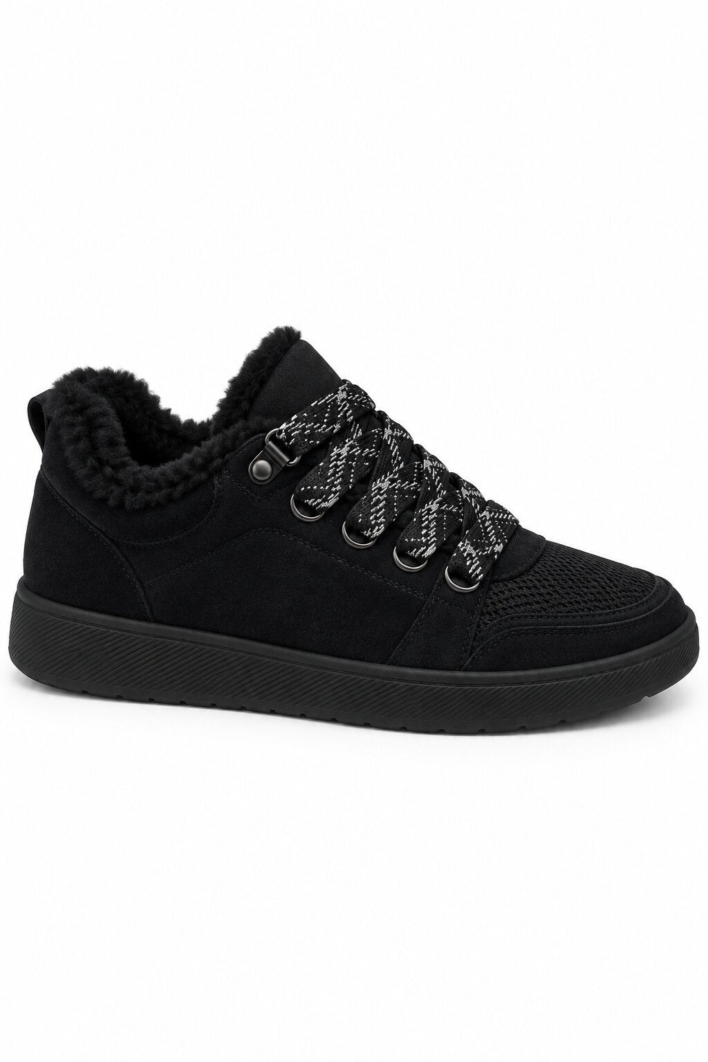 Hudson Comfort Faux Suede Check Lace Faux Fur Lined Trainers Black